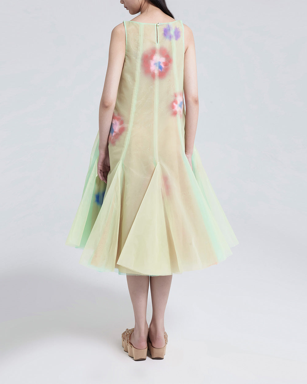 WOMEN GIRL GREEN SLEEVELESS MIDI STYLE VOLUME FEATHER EMBROIDERED DRESS