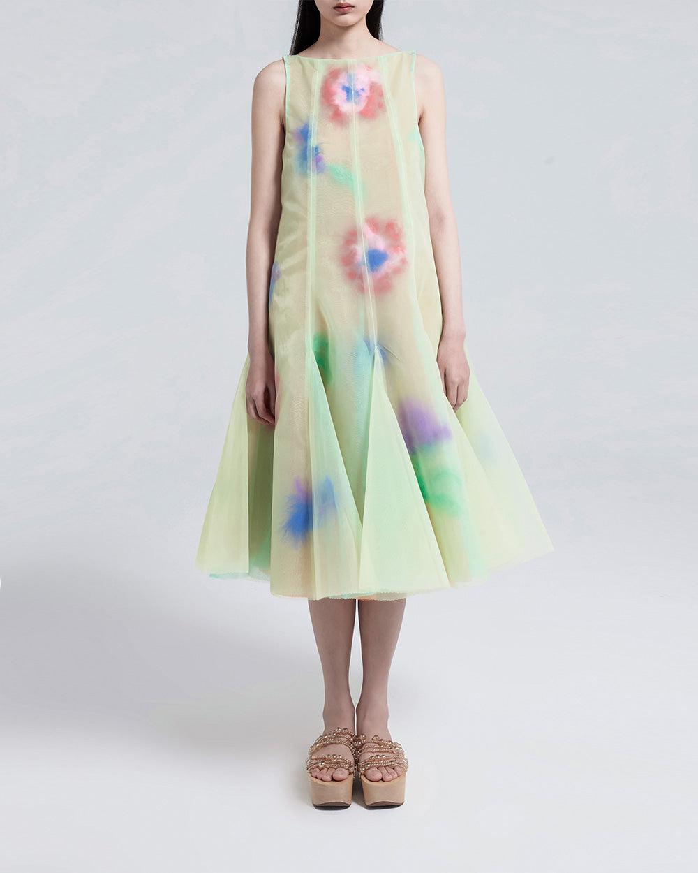 WOMEN GIRL GREEN SLEEVELESS MIDI STYLE VOLUME FEATHER EMBROIDERED DRESS