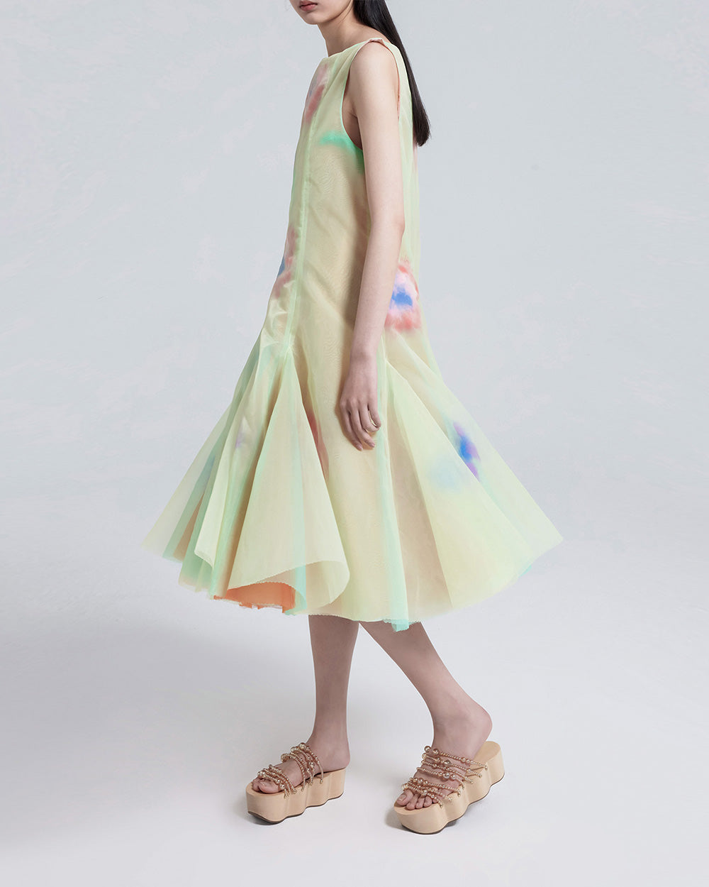 WOMEN GIRL GREEN SLEEVELESS MIDI STYLE VOLUME FEATHER EMBROIDERED DRESS