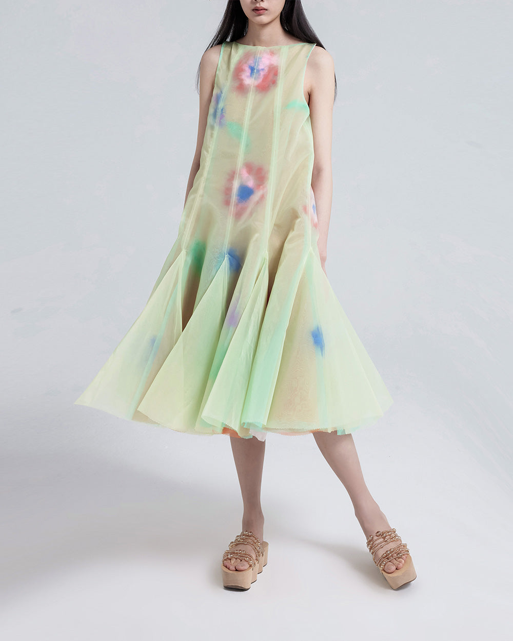 WOMEN GIRL GREEN SLEEVELESS MIDI STYLE VOLUME FEATHER EMBROIDERED DRESS