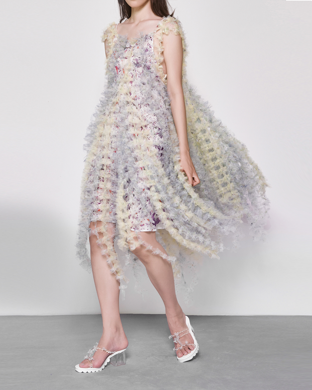 WOMEN GIRL STRAP PASTEL FLOWY STYLE YELLOW AIR RIBBON STRAP DRESS