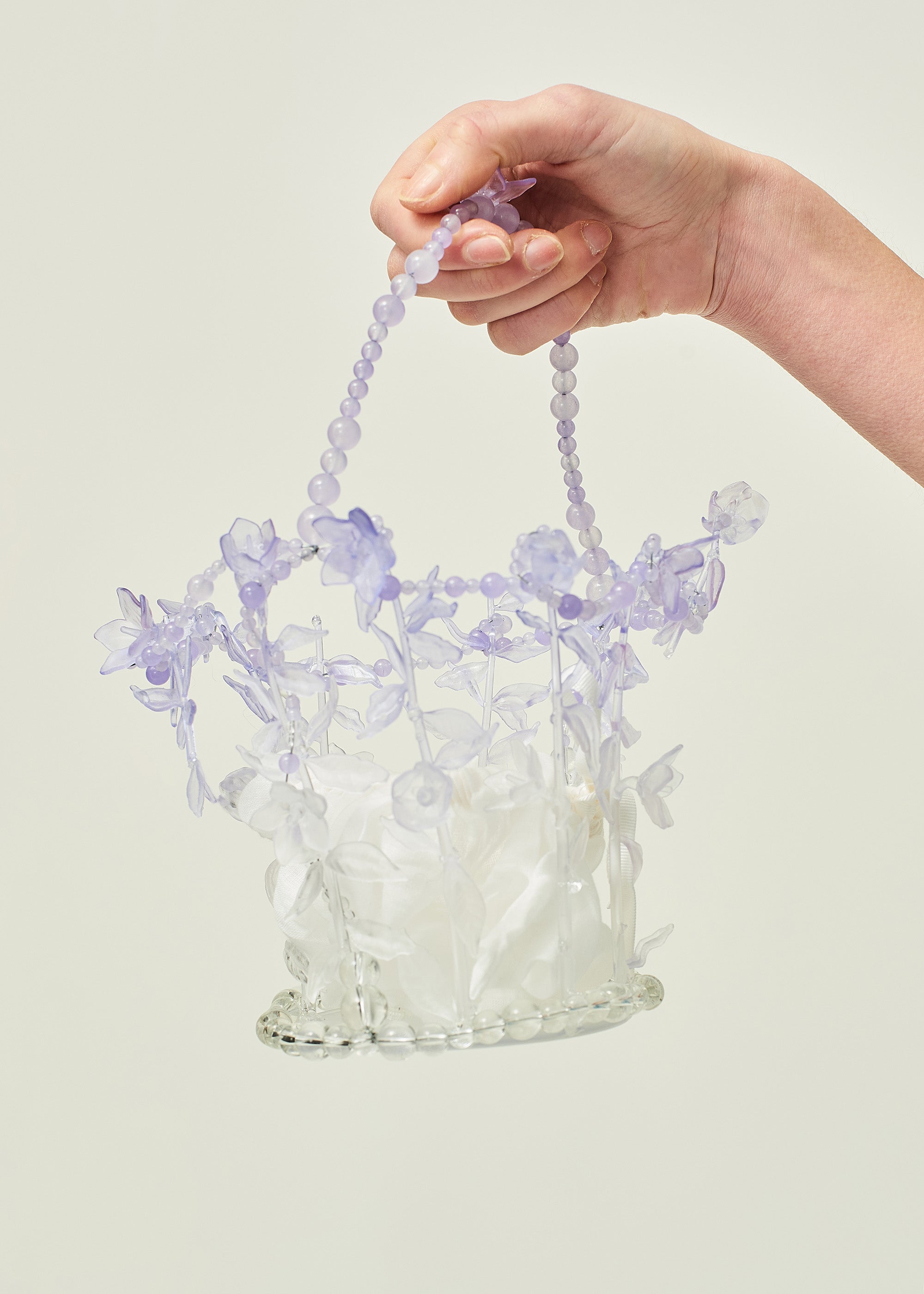 PURPLE AND CLEAR WOMEN GIRL KOREAN ASIAN STYLE 3D PRINTED CRYSTAL FLORAL BASKET HANDBAG SMALL HANDBAG