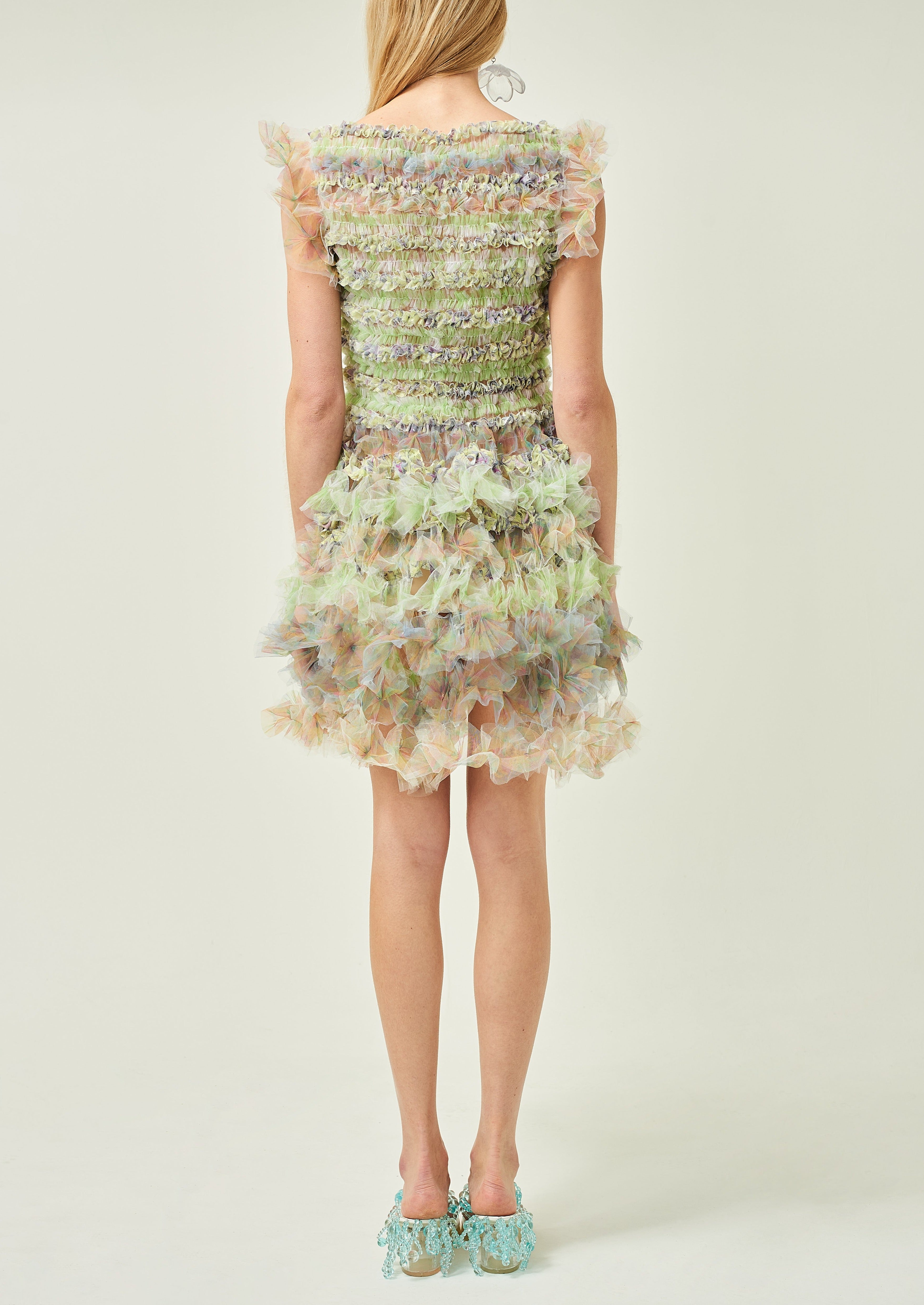 WOMEN SHORT RUFFLE GREEN AIR FLOWER MINI DRESS