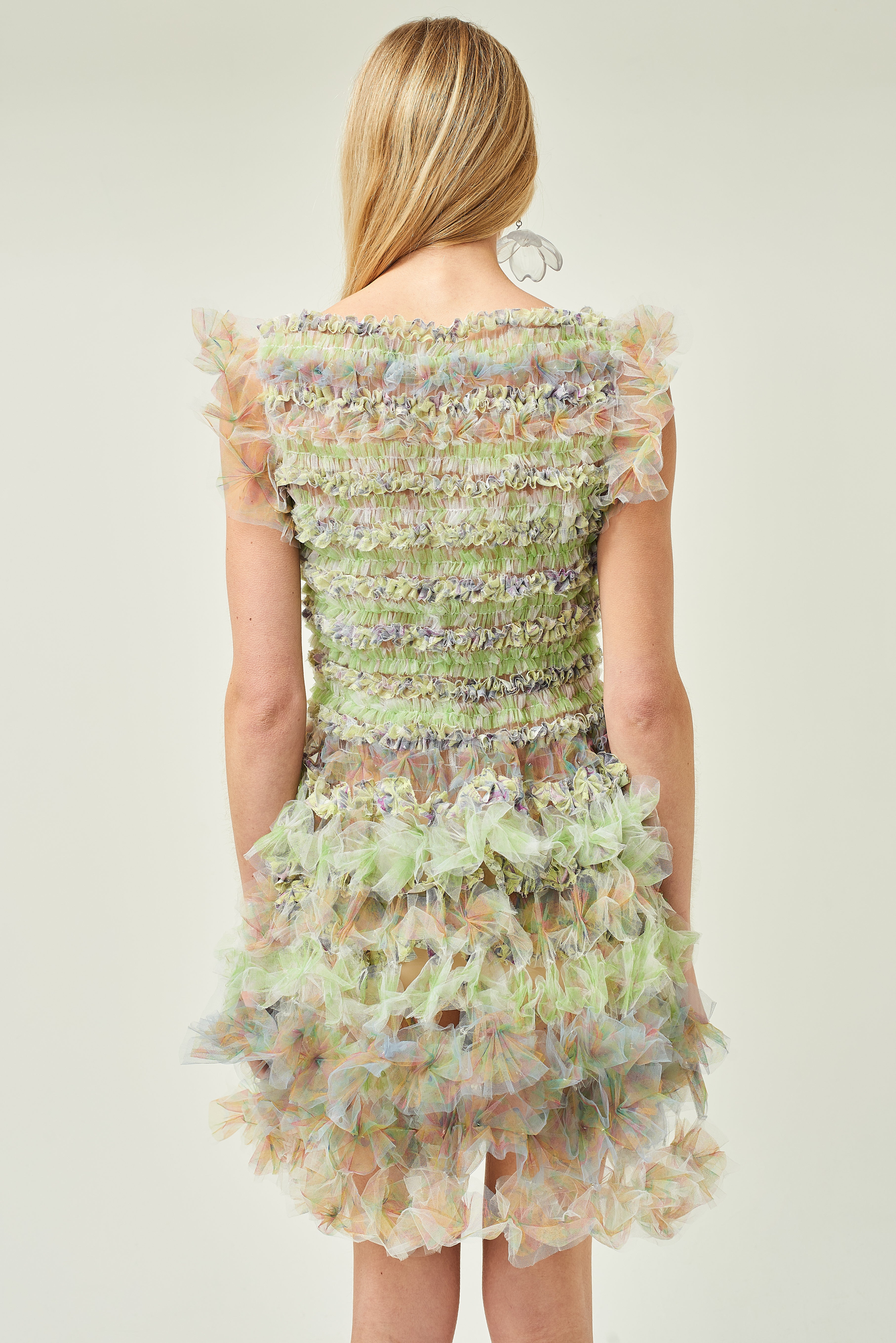 WOMEN SHORT RUFFLE GREEN AIR FLOWER MINI DRESS