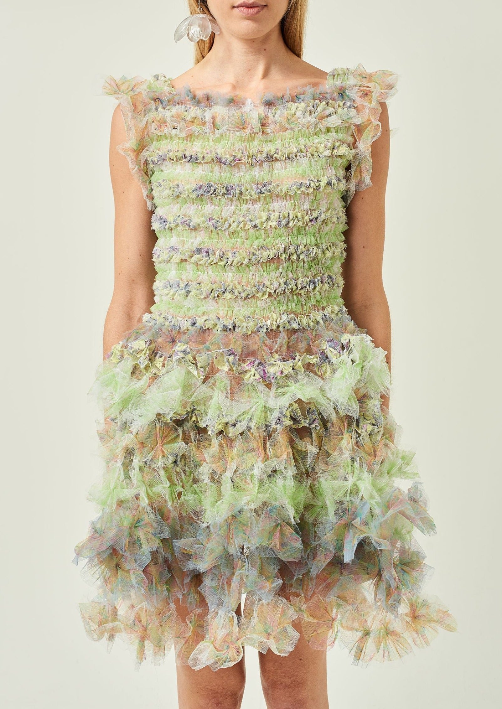 WOMEN SHORT RUFFLE GREEN AIR FLOWER MINI DRESS
