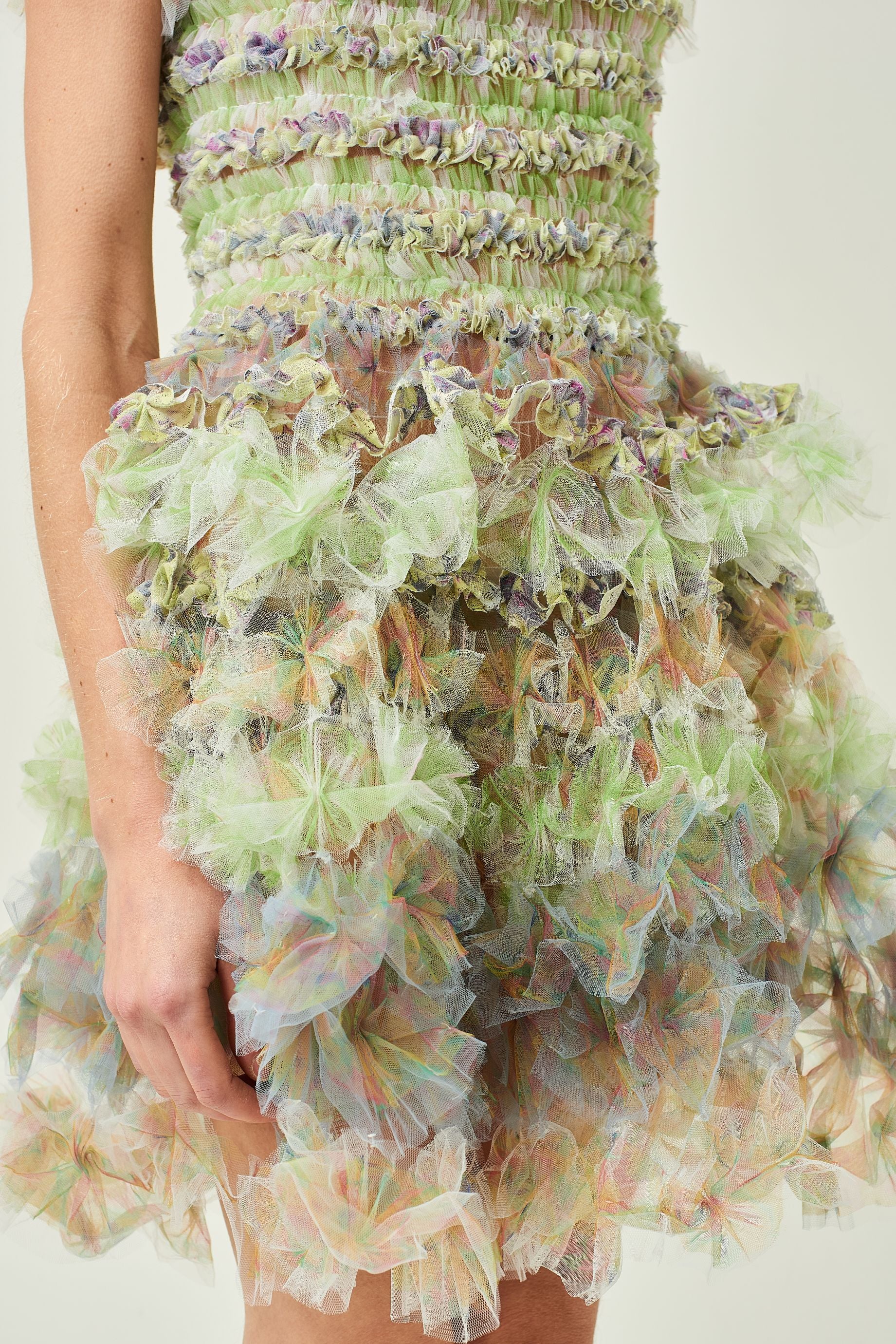 WOMEN SHORT RUFFLE GREEN AIR FLOWER MINI DRESS