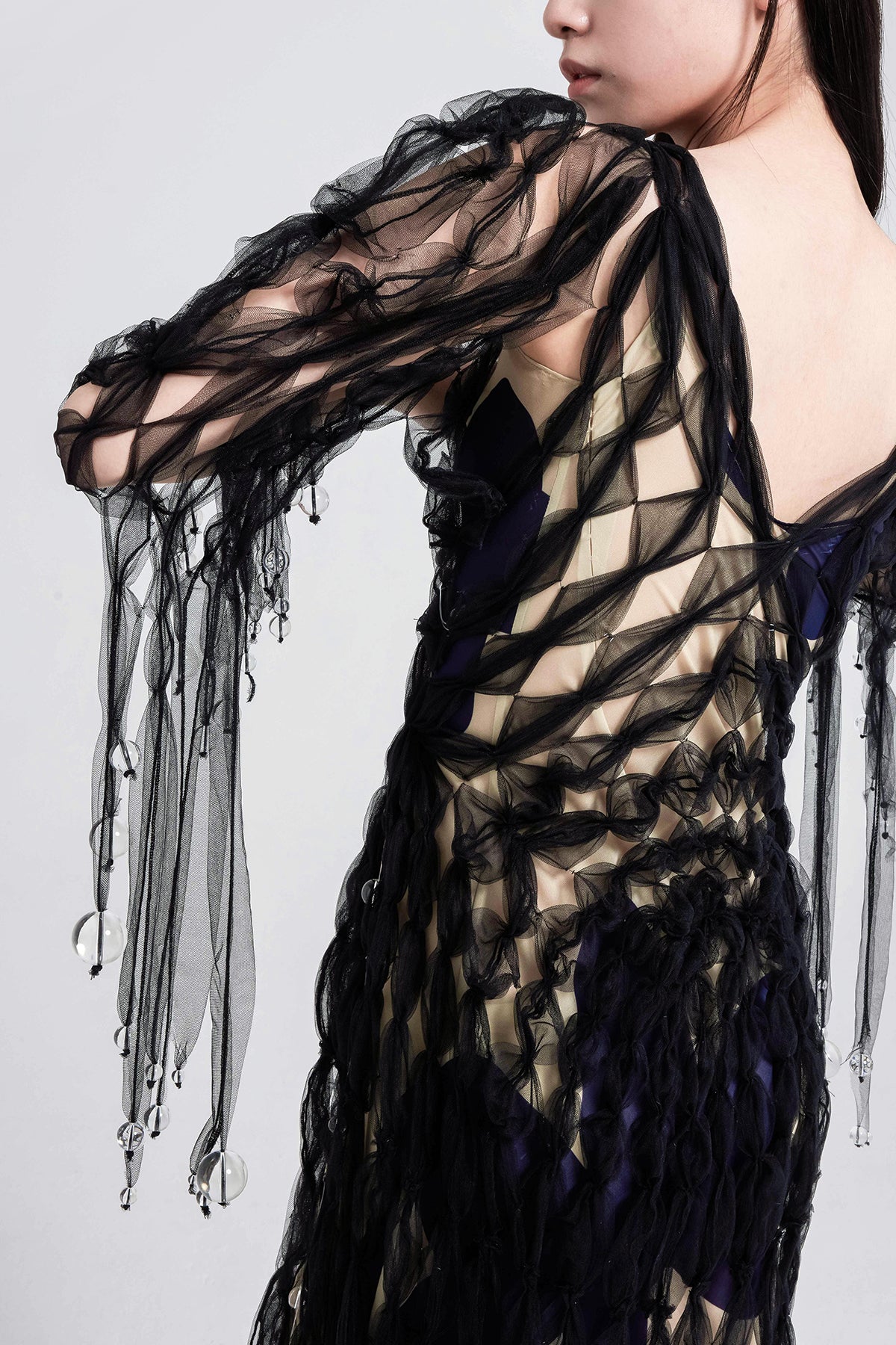 WOMEN GIRL BLACK MAXI LONG SLEEVE STYLE AIR RIBBON BLACK TULLE V NECK DRESS