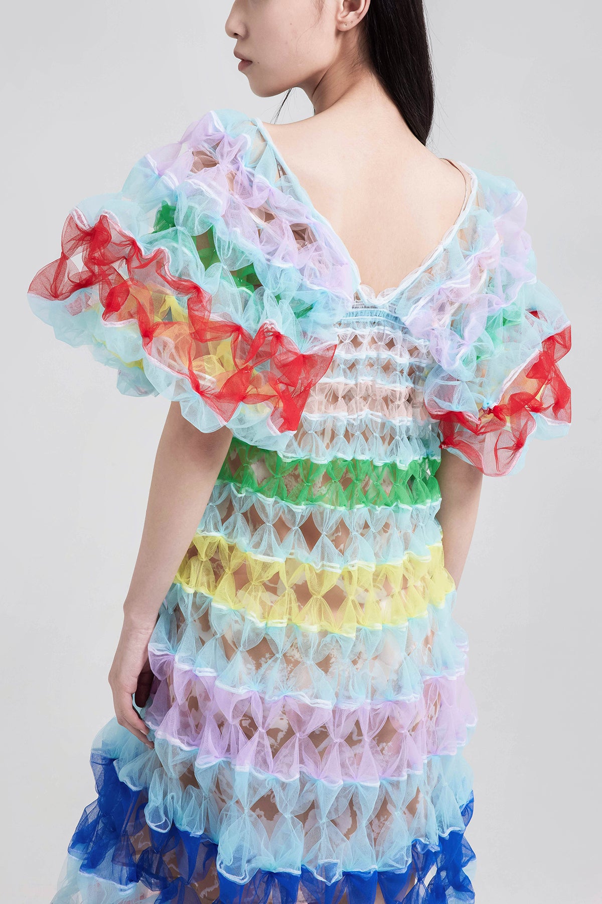 WOMEN GIRL MIDI PUFFY COLOURFUL FLOWY STYLE AIR RIBBON MULTI COLOUR STATEMENT SLEEVE DRESS