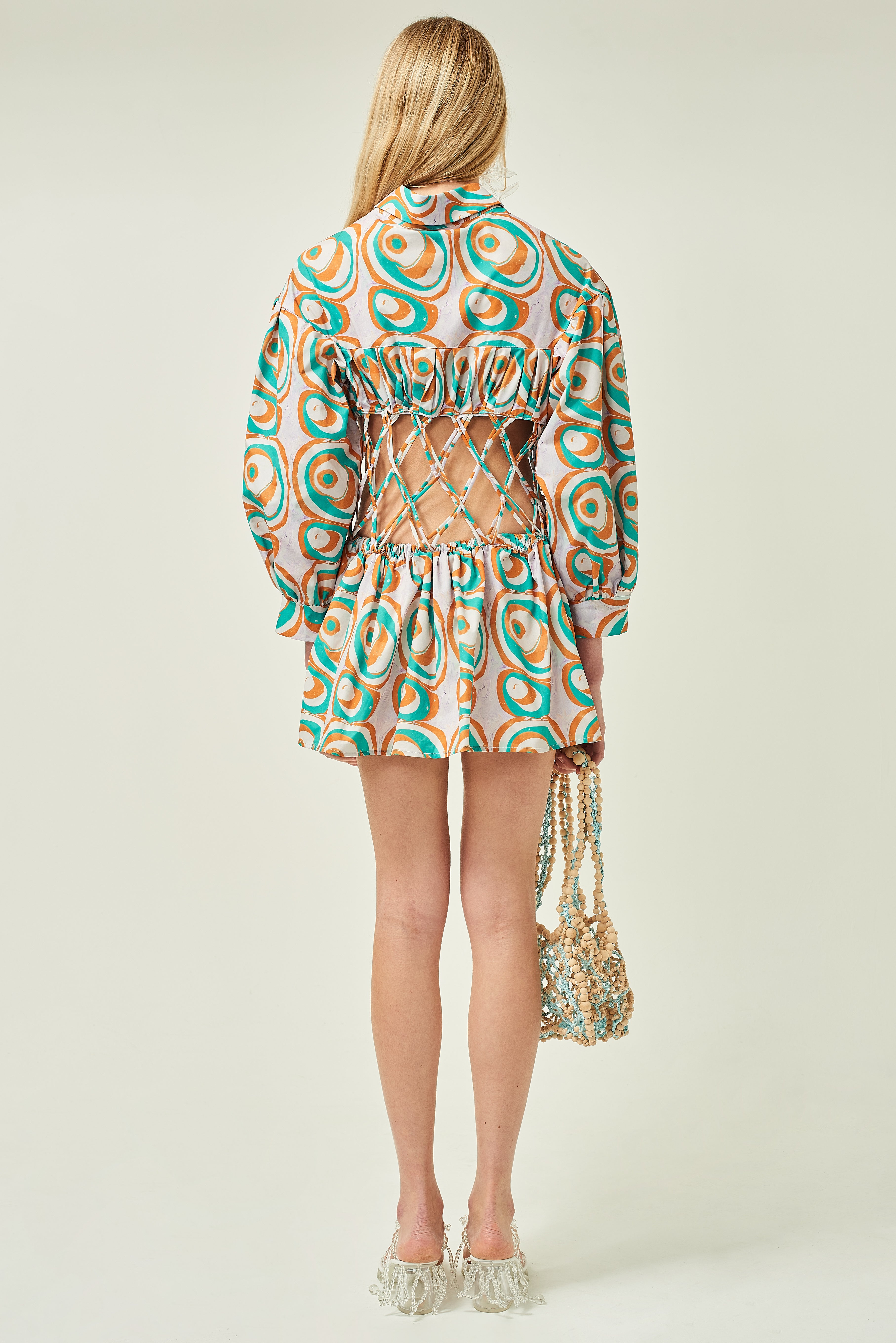 WOMEN LONG SLEEVE STYLE GREEN MINI SHORT AIR WEAVED POPLIN DRESS