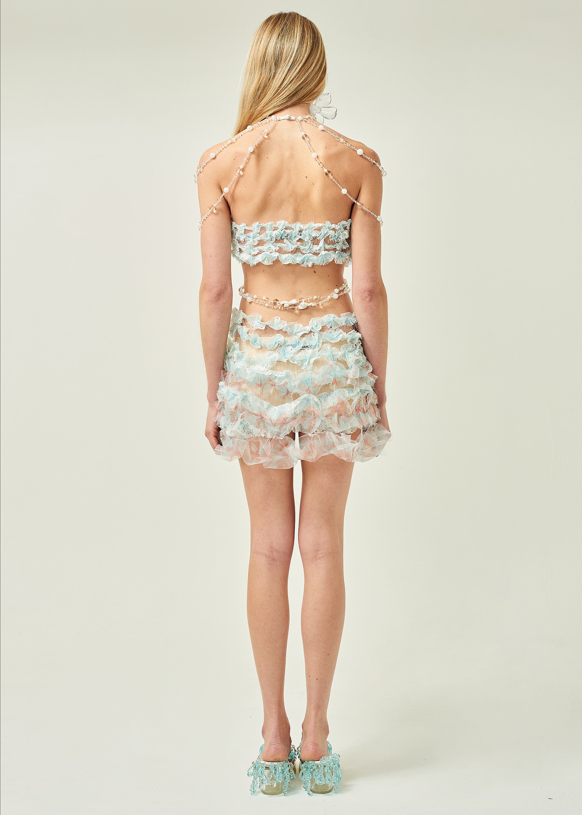 WOMEN PASTEL SLEEVELESS SHORT BEADED AIRFLOWER MINI DRESS