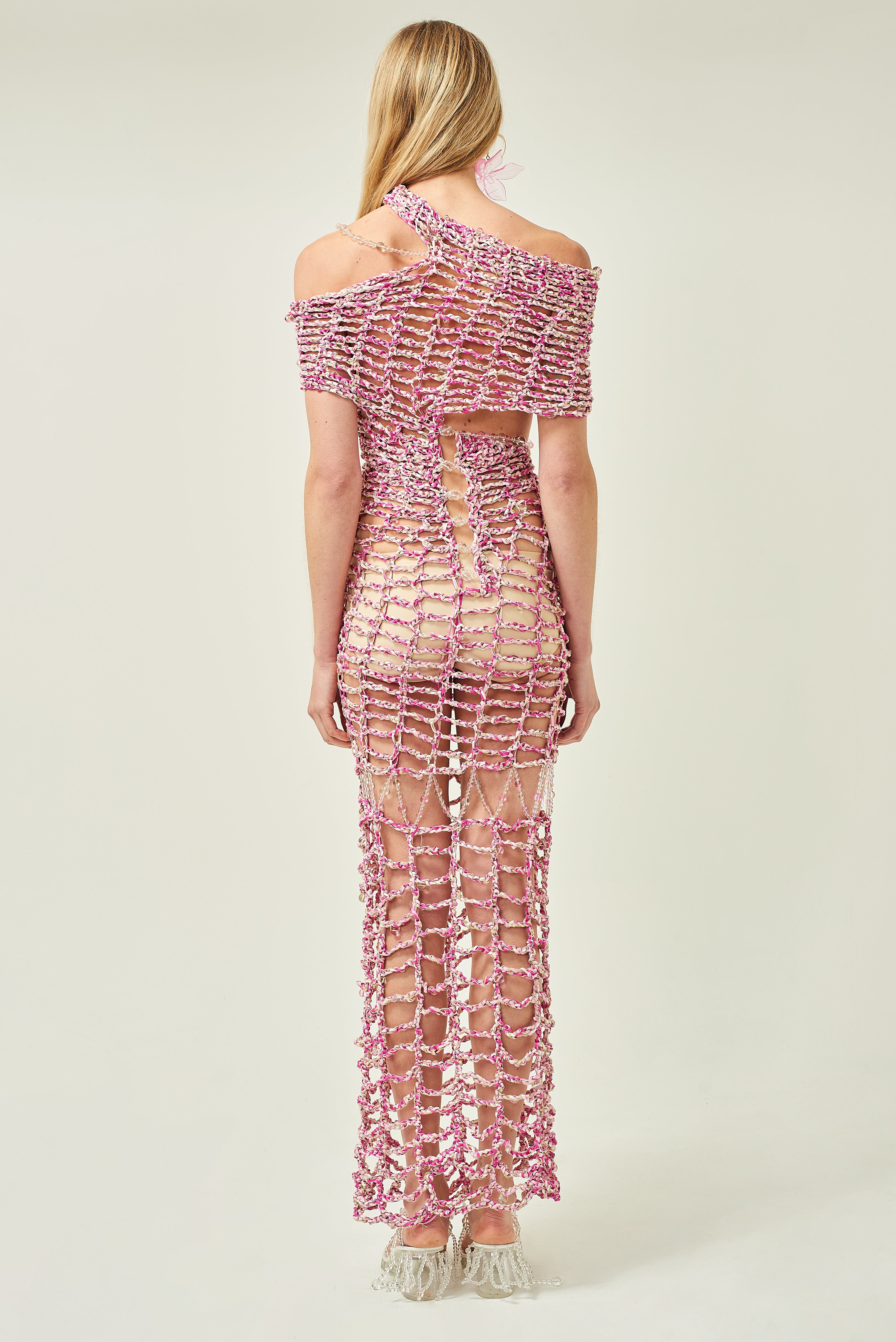 WOMEN OFF SHOULDER PINK MAXI BEADED BUBBLE CROCHET DRESS