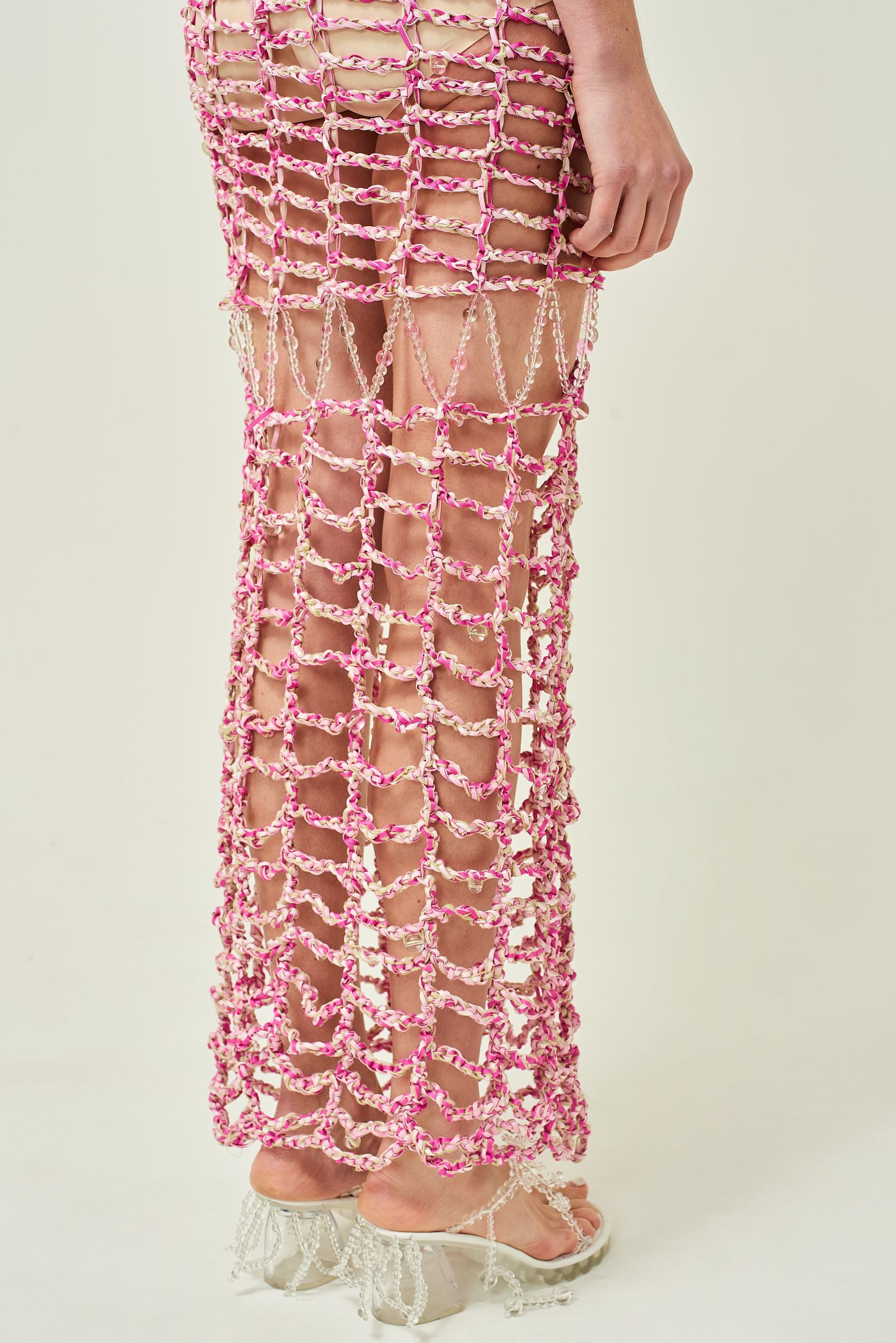 WOMEN OFF SHOULDER PINK MAXI BEADED BUBBLE CROCHET DRESS