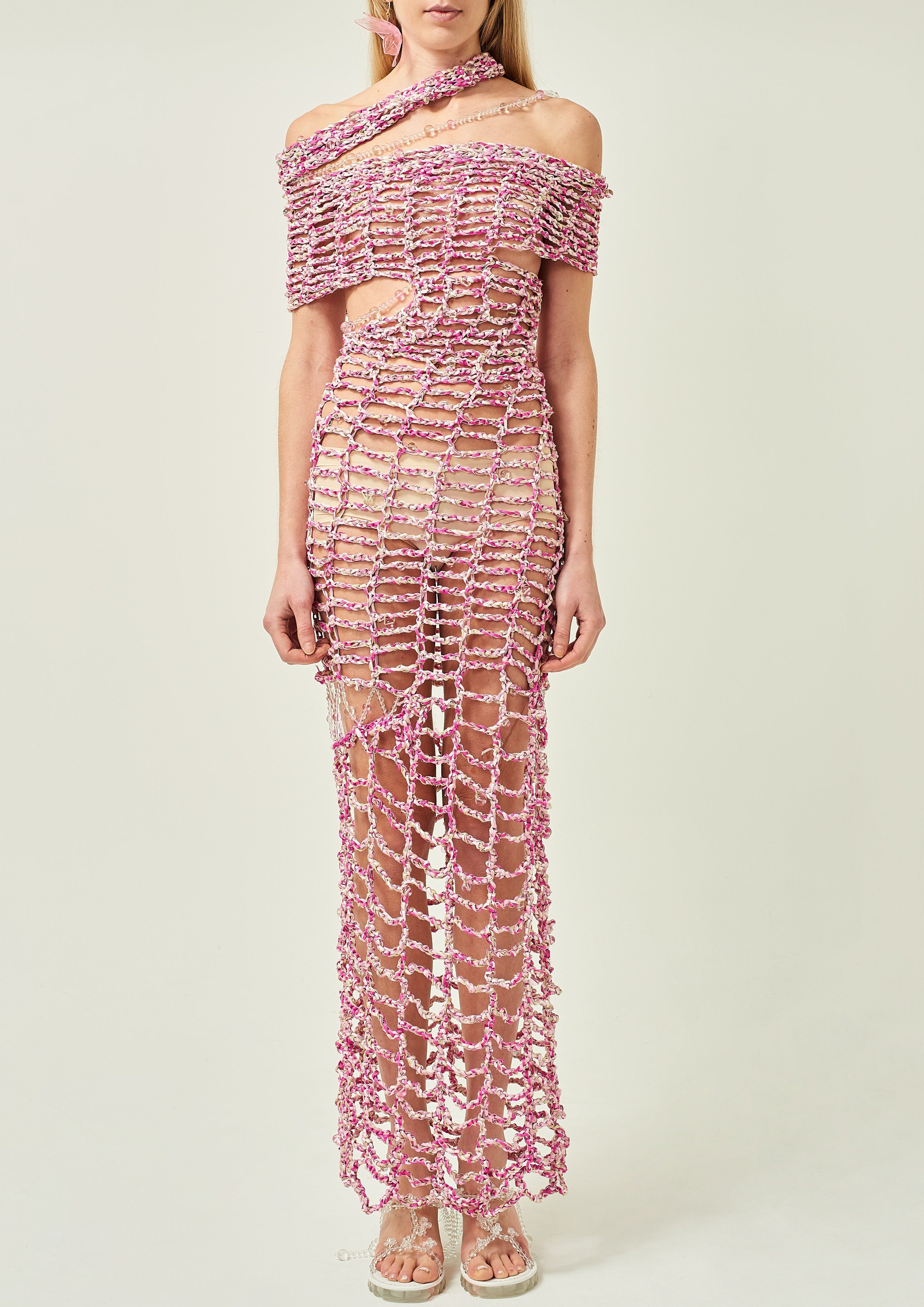 WOMEN OFF SHOULDER PINK MAXI BEADED BUBBLE CROCHET DRESS