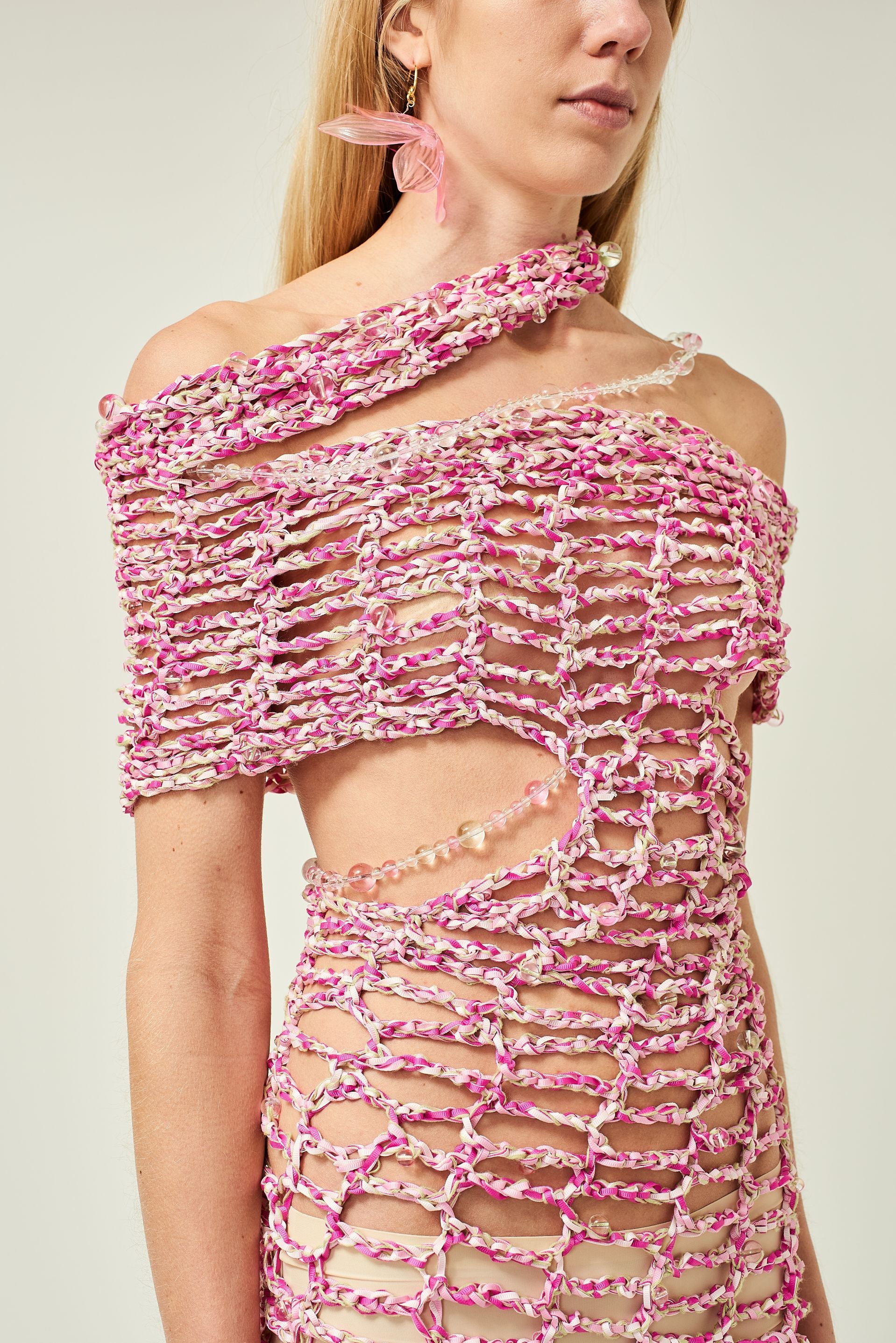 WOMEN OFF SHOULDER PINK MAXI BEADED BUBBLE CROCHET DRESS