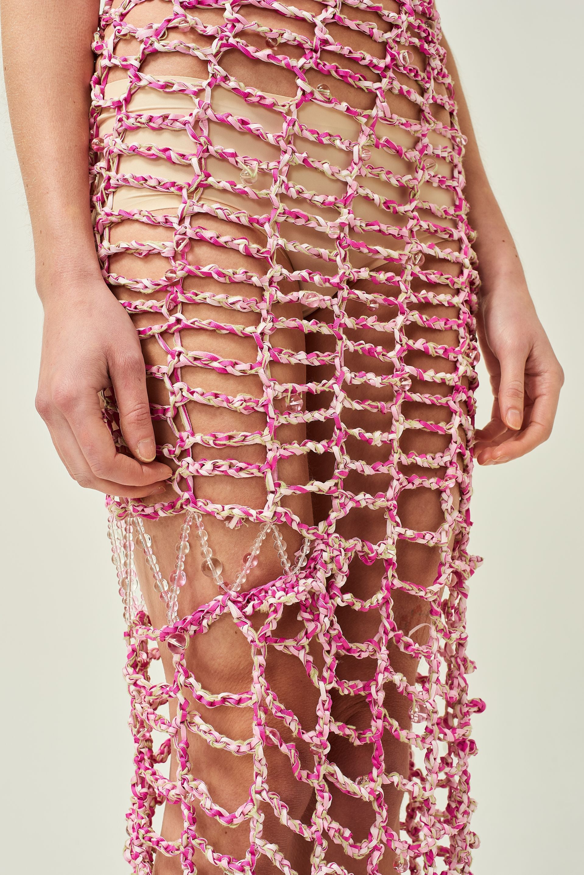 WOMEN OFF SHOULDER PINK MAXI BEADED BUBBLE CROCHET DRESS