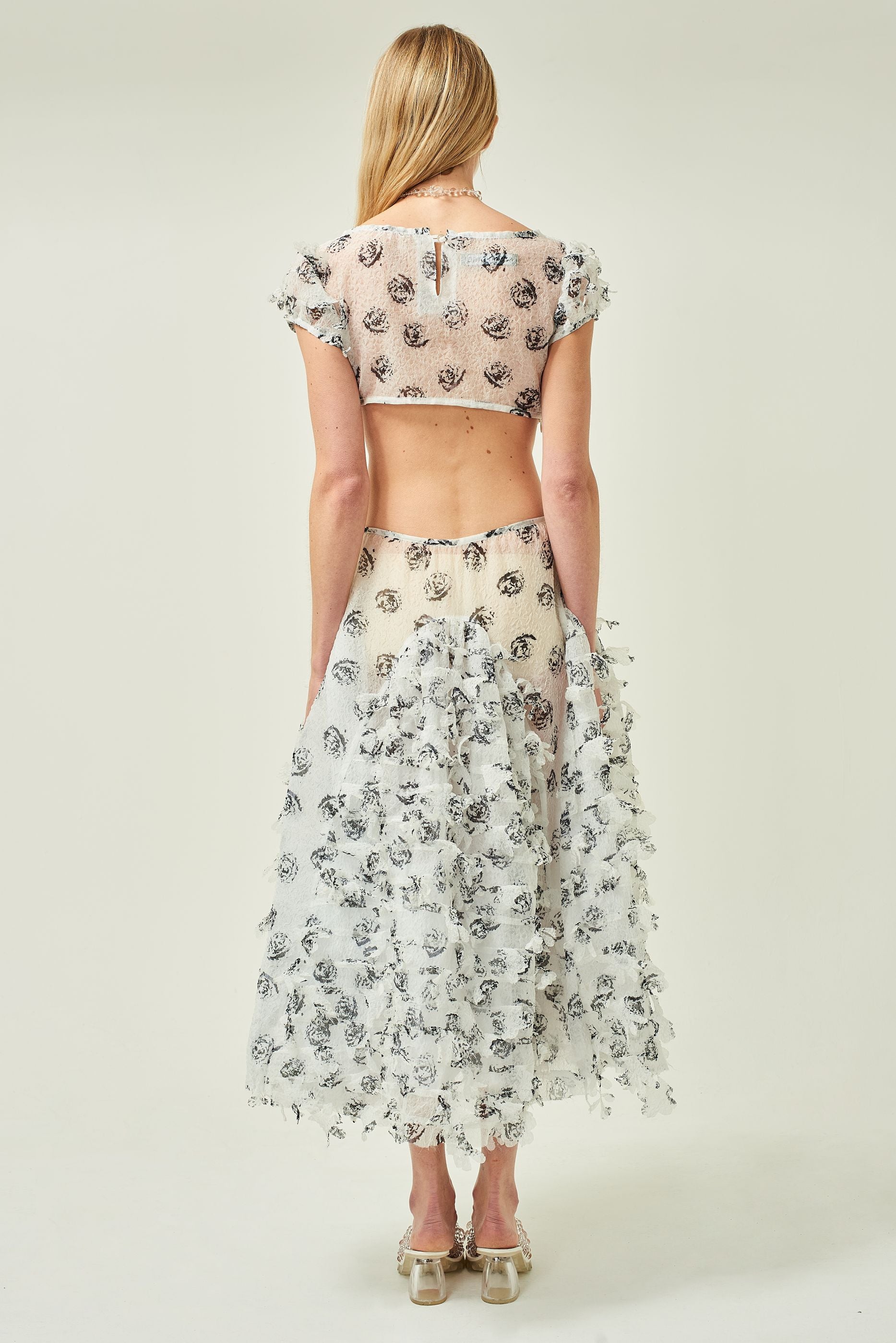 WOMEN V NECK WHITE MAXI BEADED LASER CUT DRESS