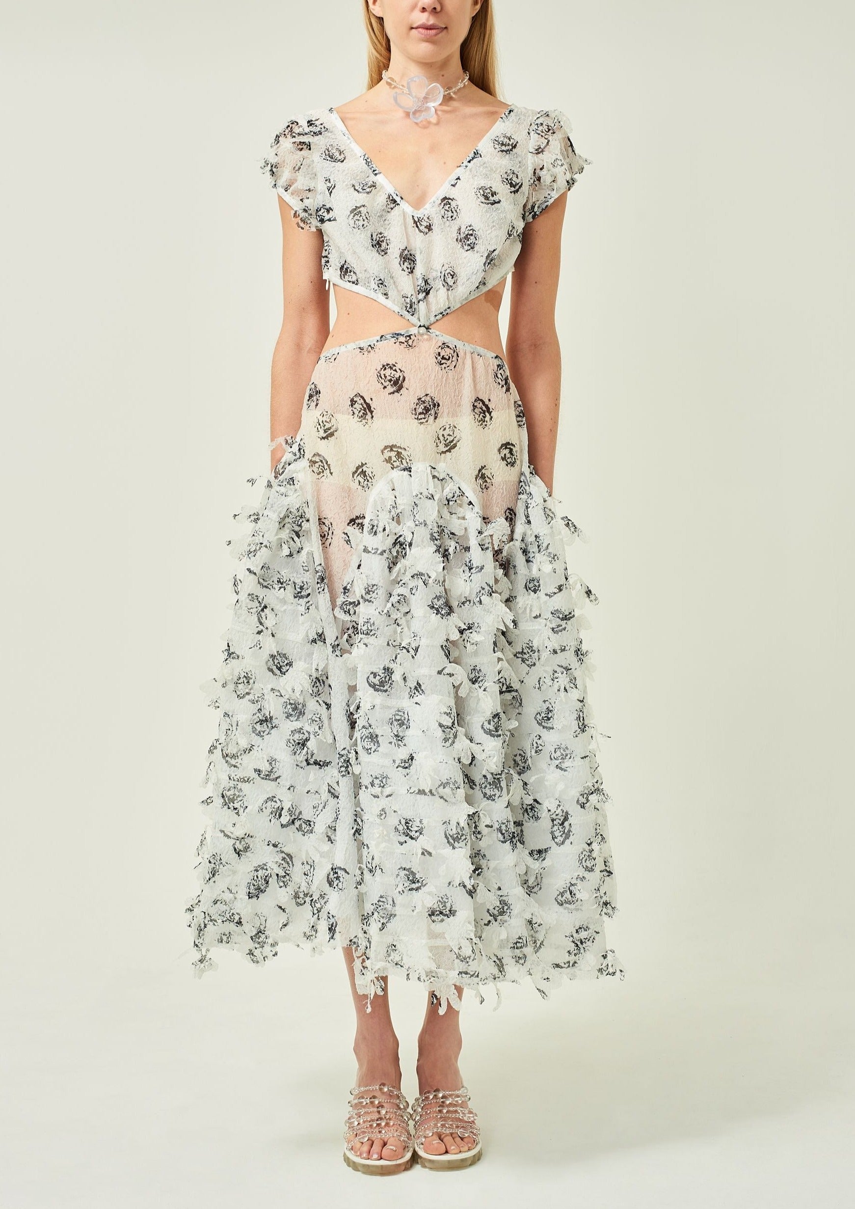 WOMEN V NECK WHITE MAXI BEADED LASER CUT DRESS