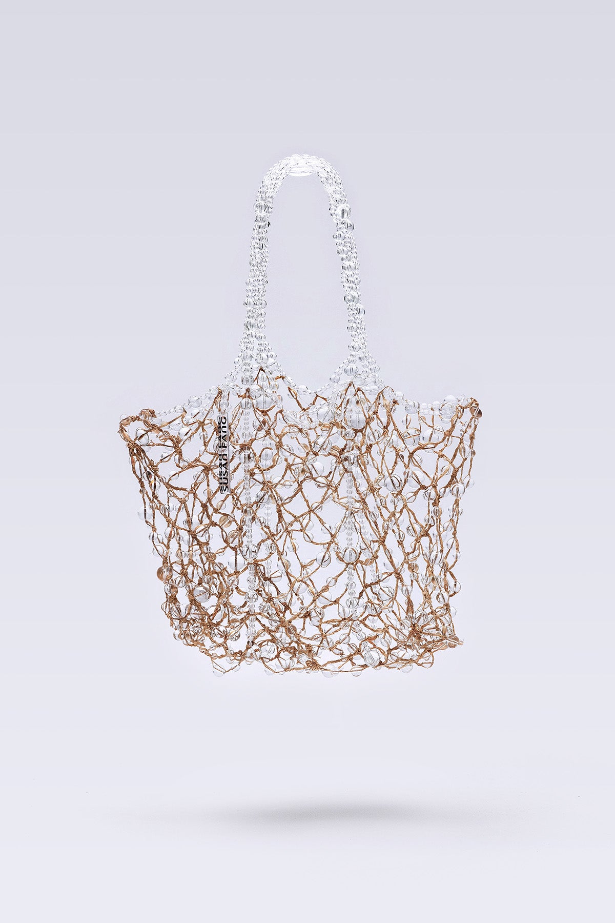 WOMEN GIRL CLEAR BEADS BROWN ACCESSORY PURSE SHOULDER BUBBLE RAFFIA NET TOTE