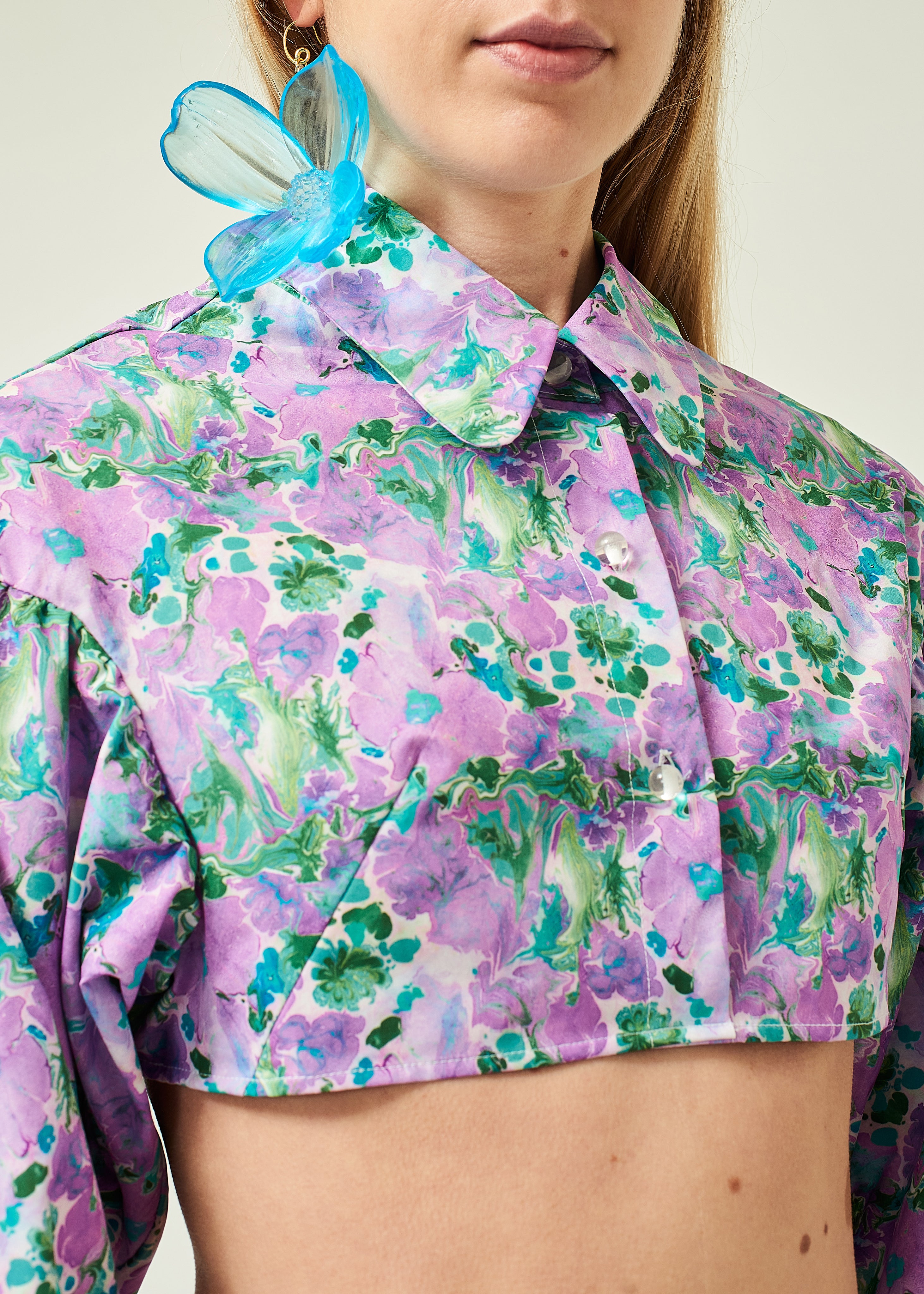 WOMEN PURPLE LONG SLEEVE STYLE COLLAR BUTTON UP CROPPED POPLIN SHIRT
