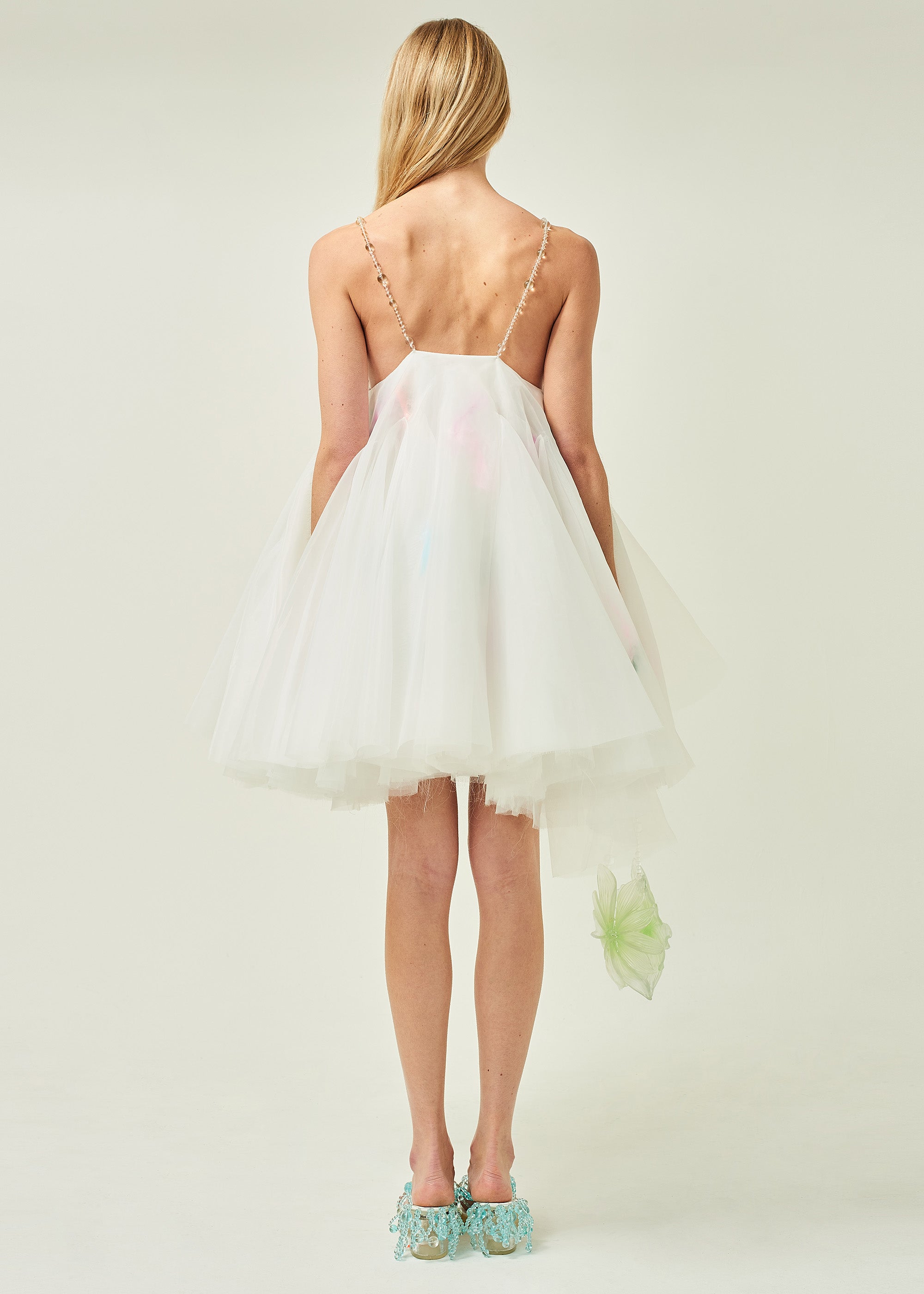 WOMEN STYLE SHORT PUFFY FEATHER ORGANZA BALLOON DRESS WHITE