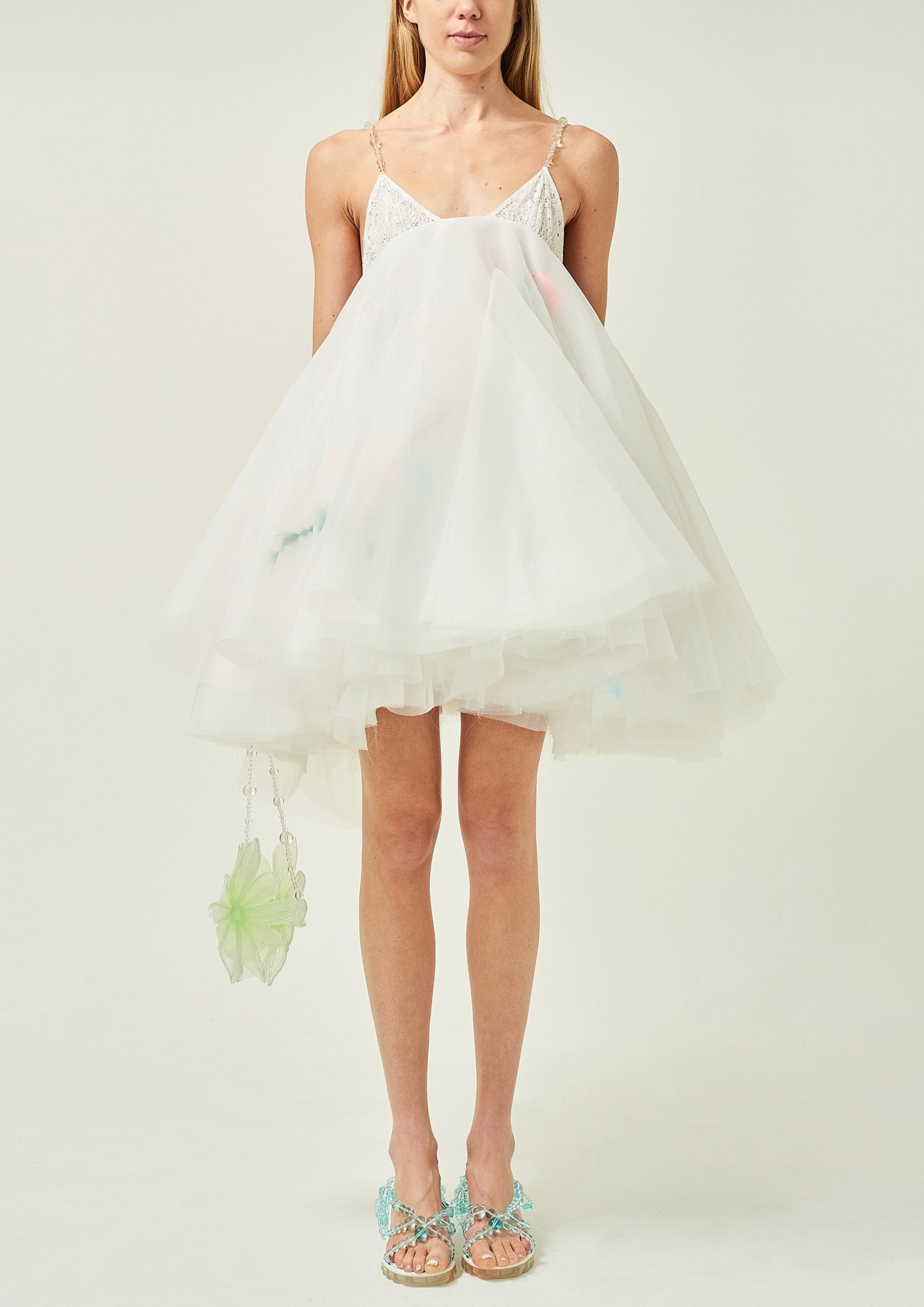 WOMEN STYLE SHORT PUFFY FEATHER ORGANZA BALLOON DRESS WHITE