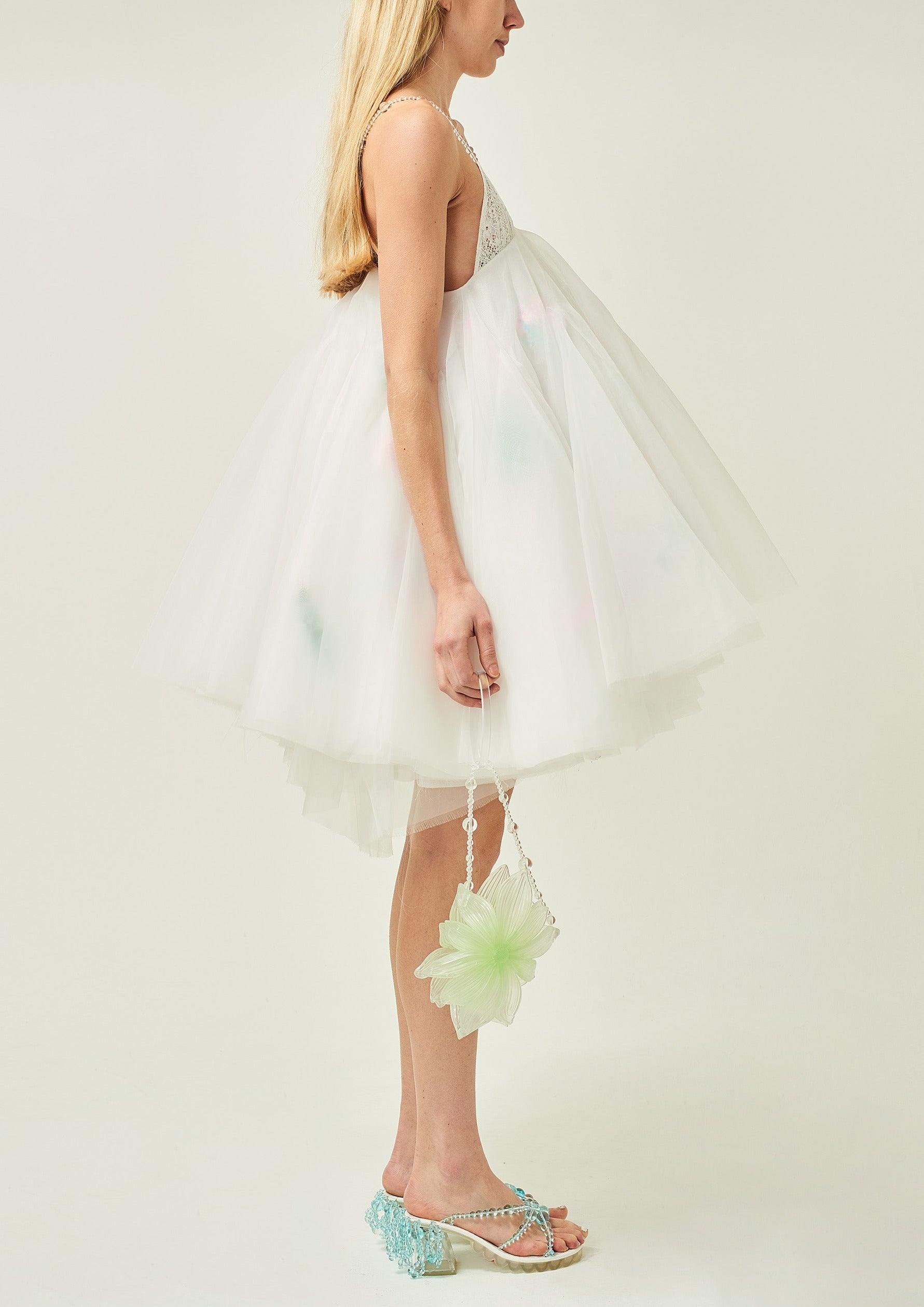 WOMEN STYLE SHORT PUFFY FEATHER ORGANZA BALLOON DRESS WHITE
