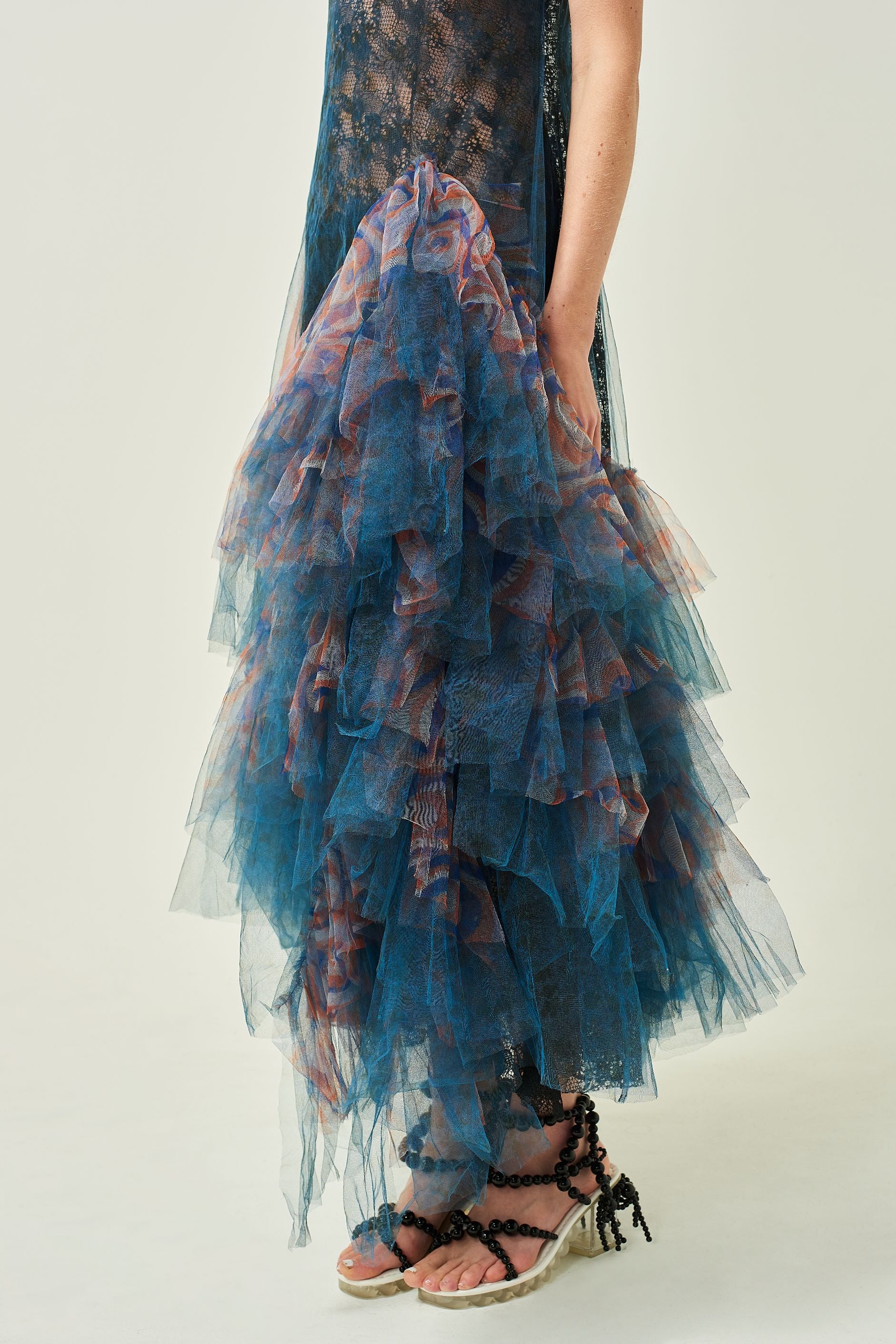 WOMEN HIGHNECK SLEEVELESS BLUE FRILLED LACE EVENING DRESS