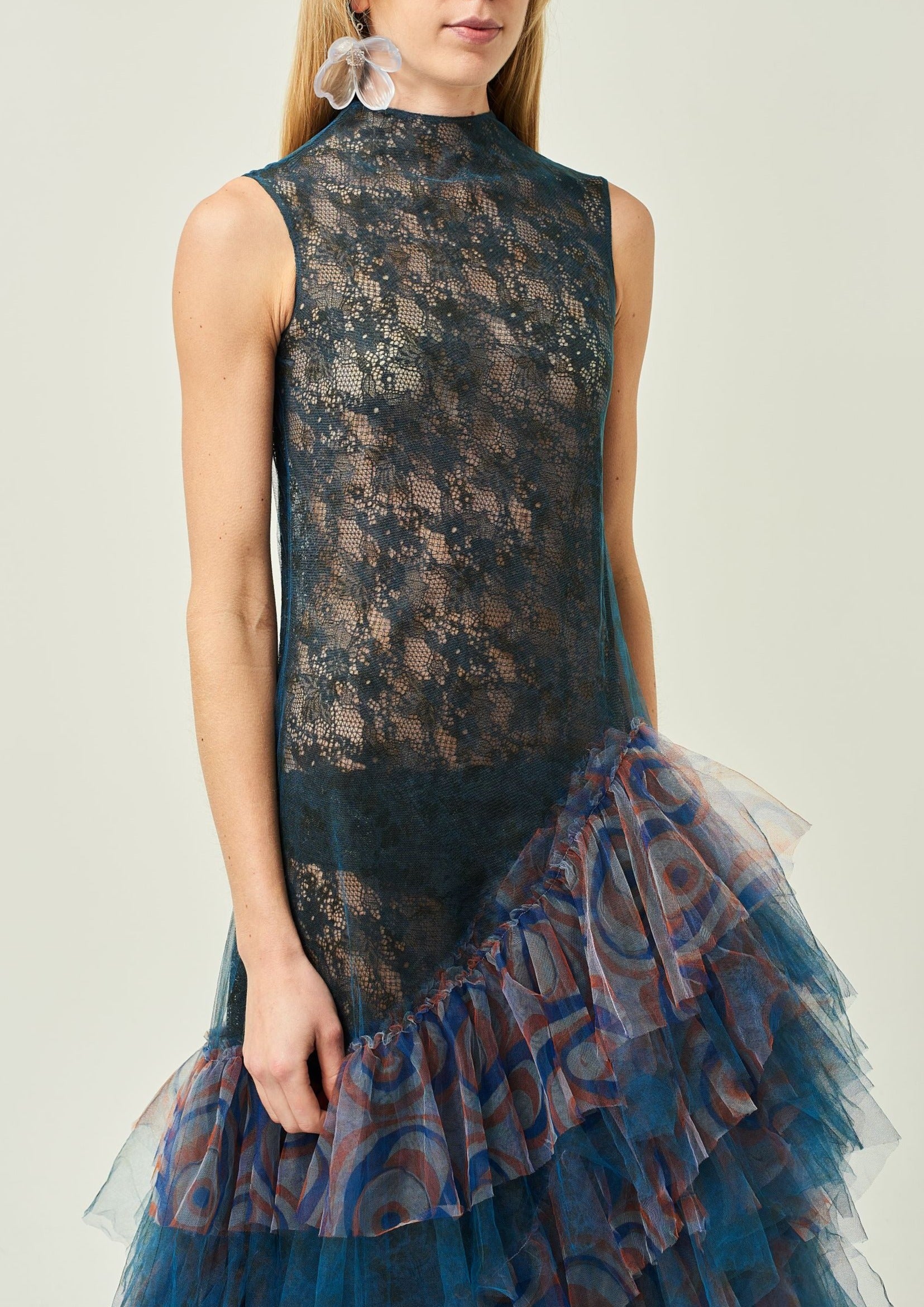 WOMEN HIGHNECK SLEEVELESS BLUE FRILLED LACE EVENING DRESS
