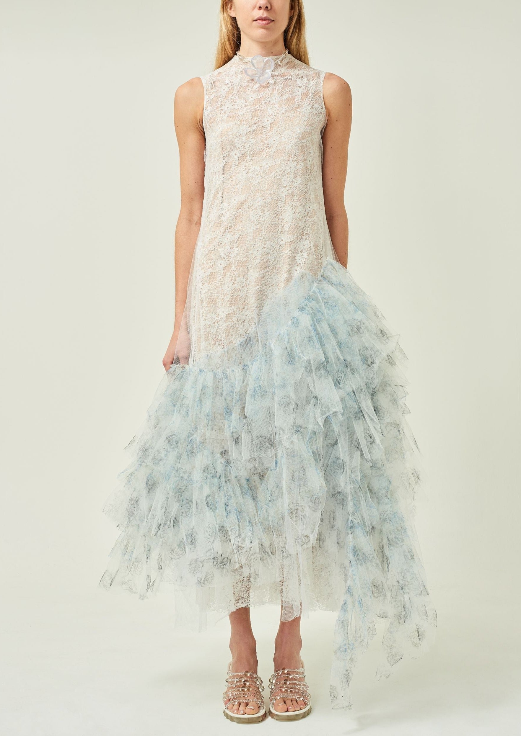 WOMEN HIGHNECK SLEEVELESS WHITE FRILLED LACE EVENING DRESS