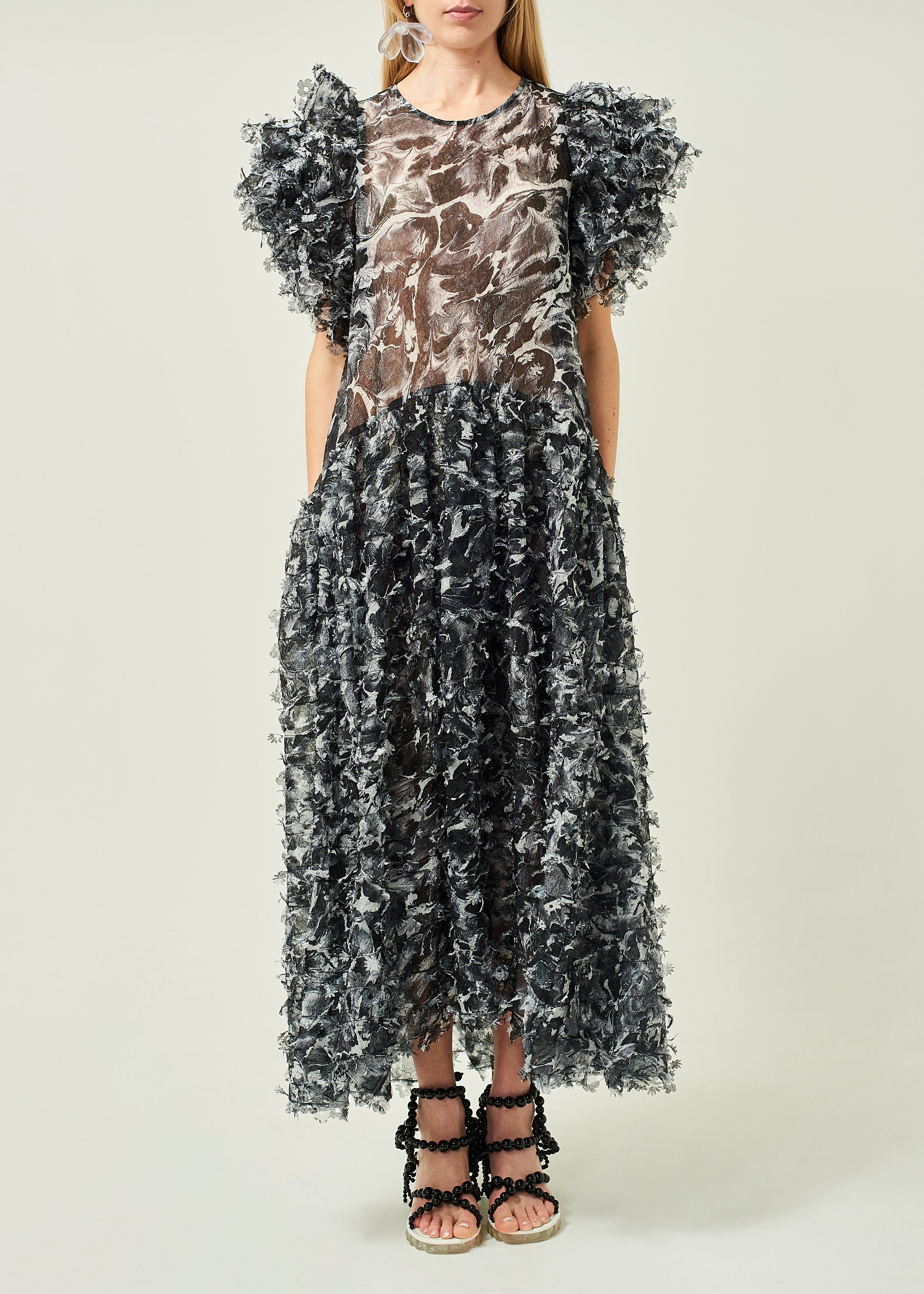 WOMEN STYLE BLACK MAXI FRILLED SLEEVES LASER CUT DRESS