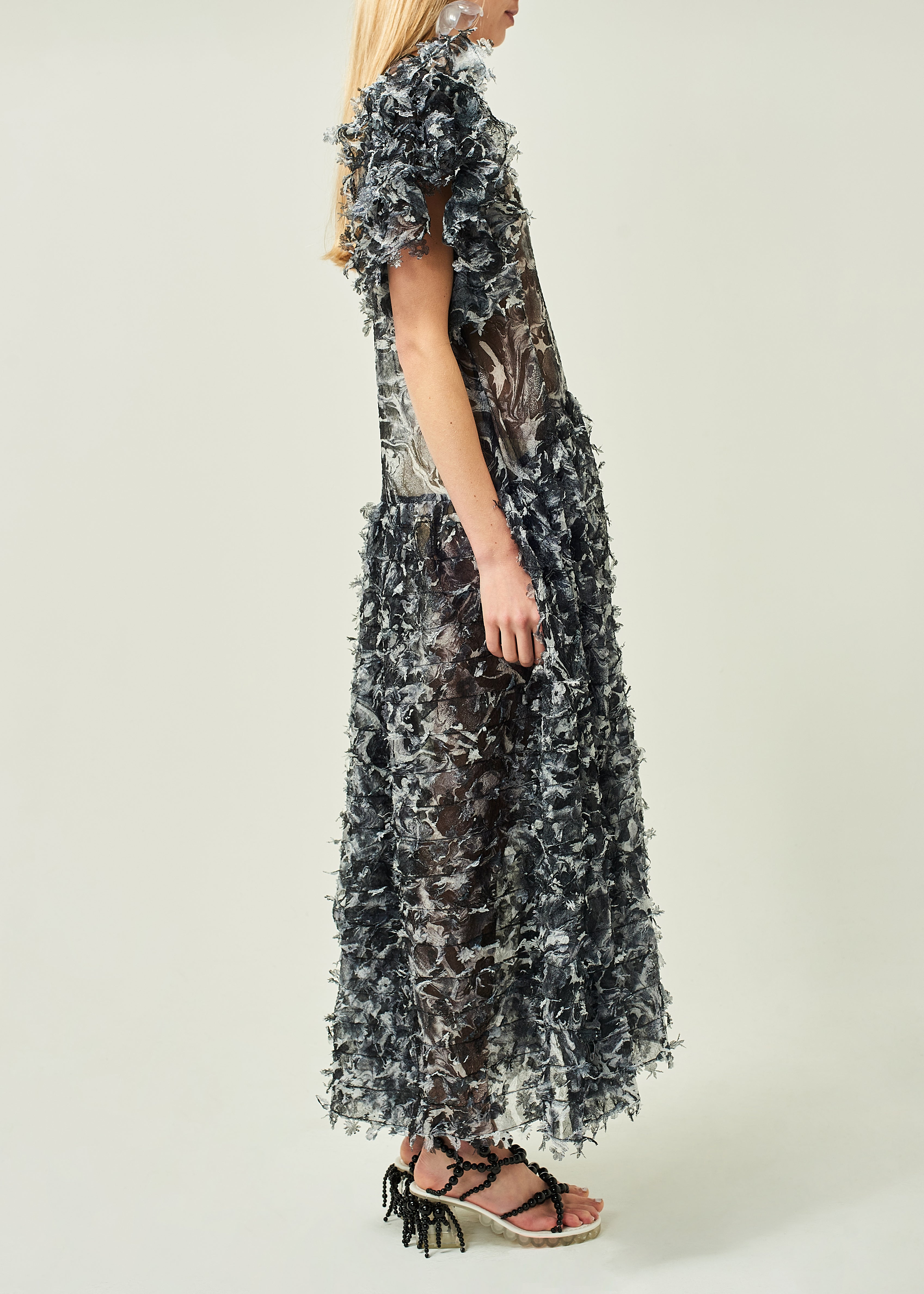 WOMEN STYLE BLACK MAXI FRILLED SLEEVES LASER CUT DRESS