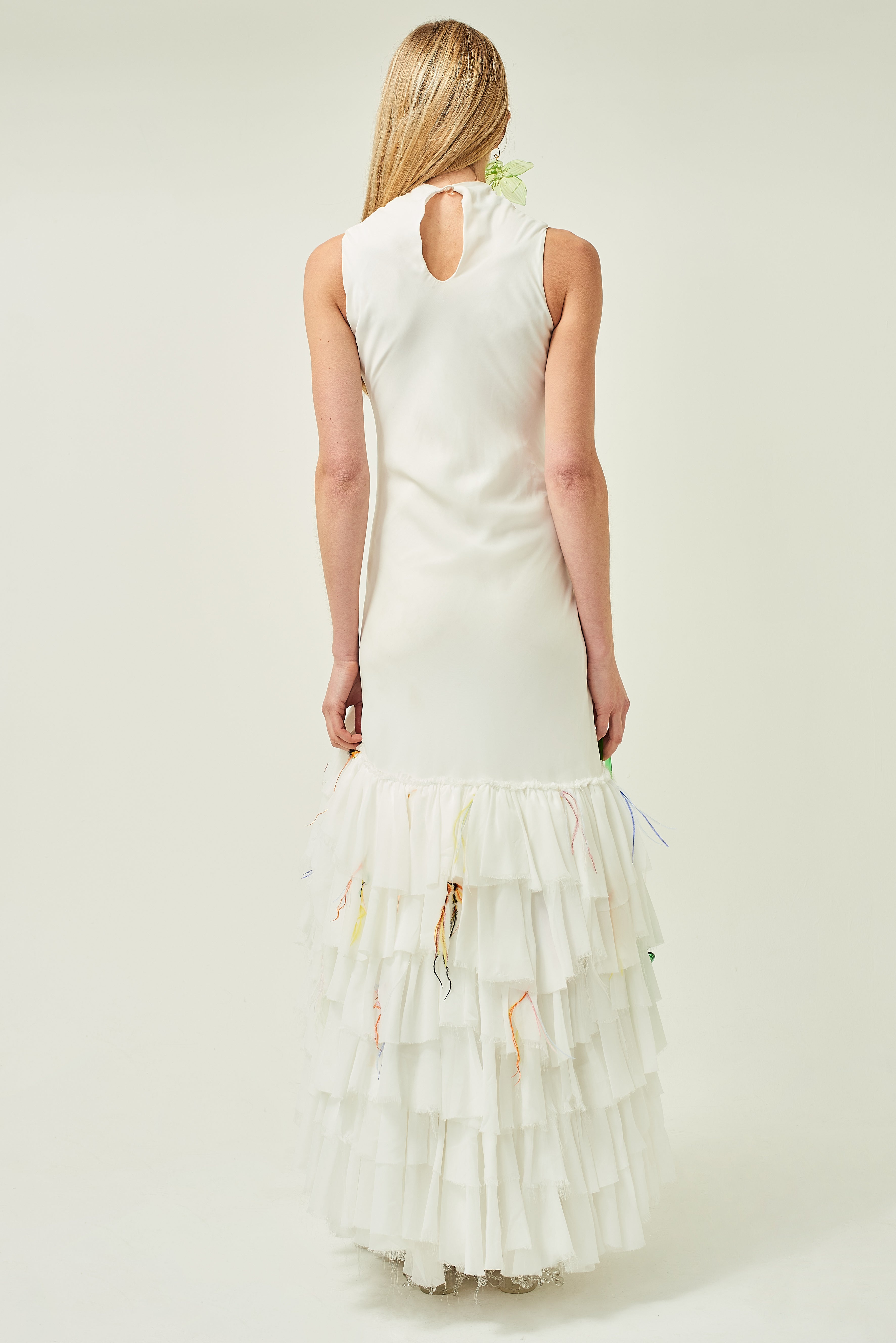 WOMEN LONG MAXI WHITE SLEEVELESS HIGHNECK CHIFFON FRILL DRESS