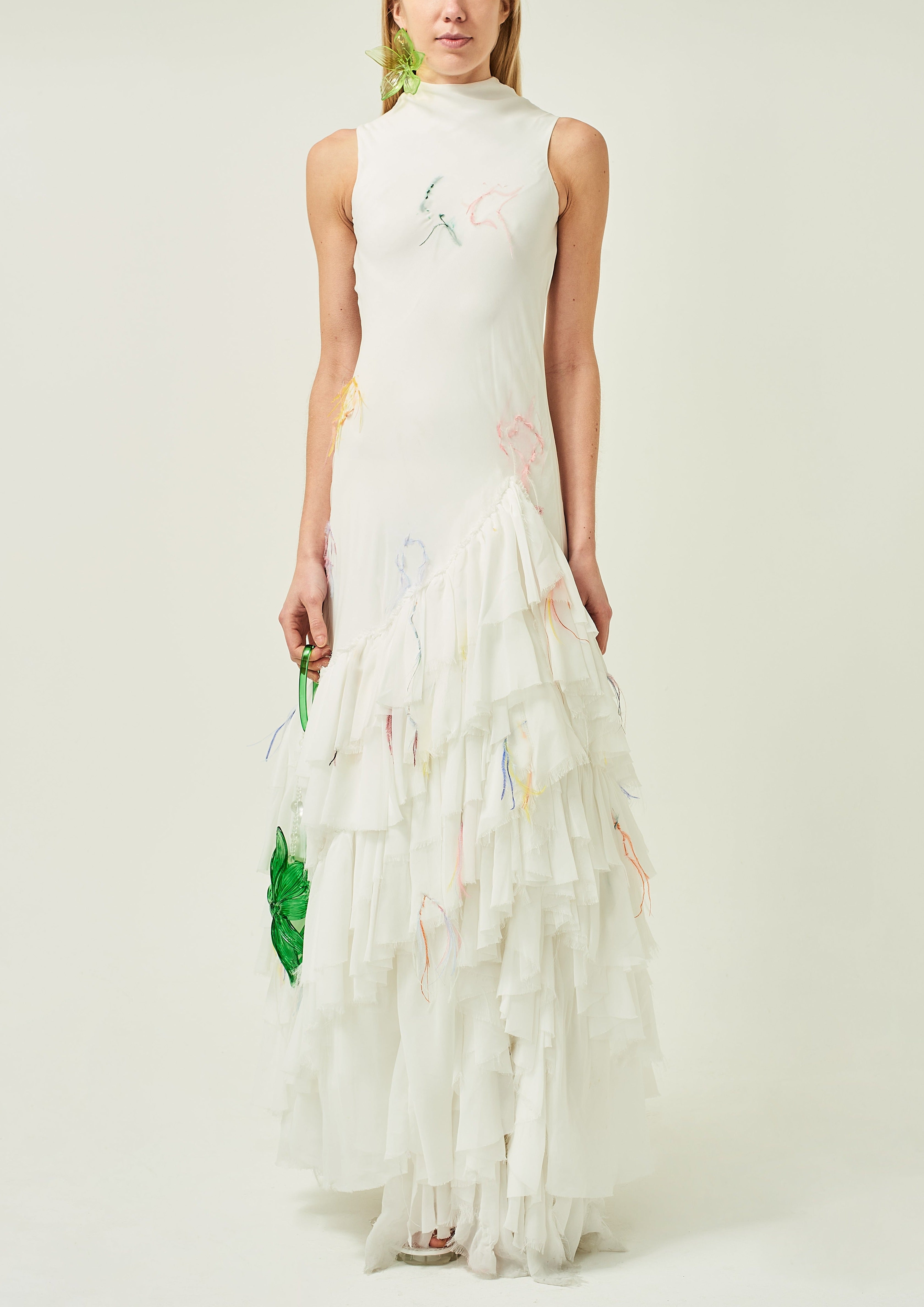 WOMEN LONG MAXI WHITE SLEEVELESS HIGHNECK CHIFFON FRILL DRESS