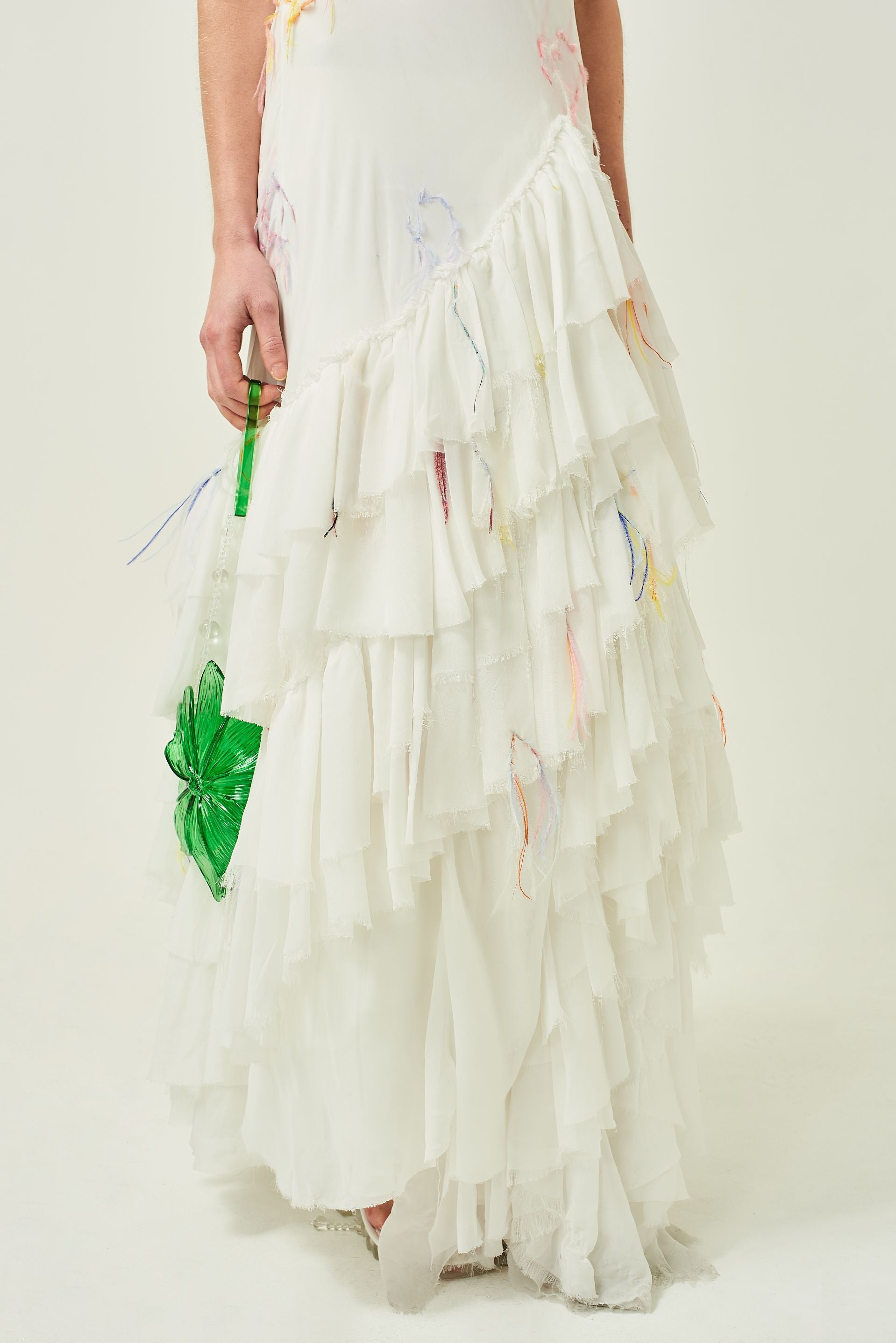 WOMEN LONG MAXI WHITE SLEEVELESS HIGHNECK CHIFFON FRILL DRESS