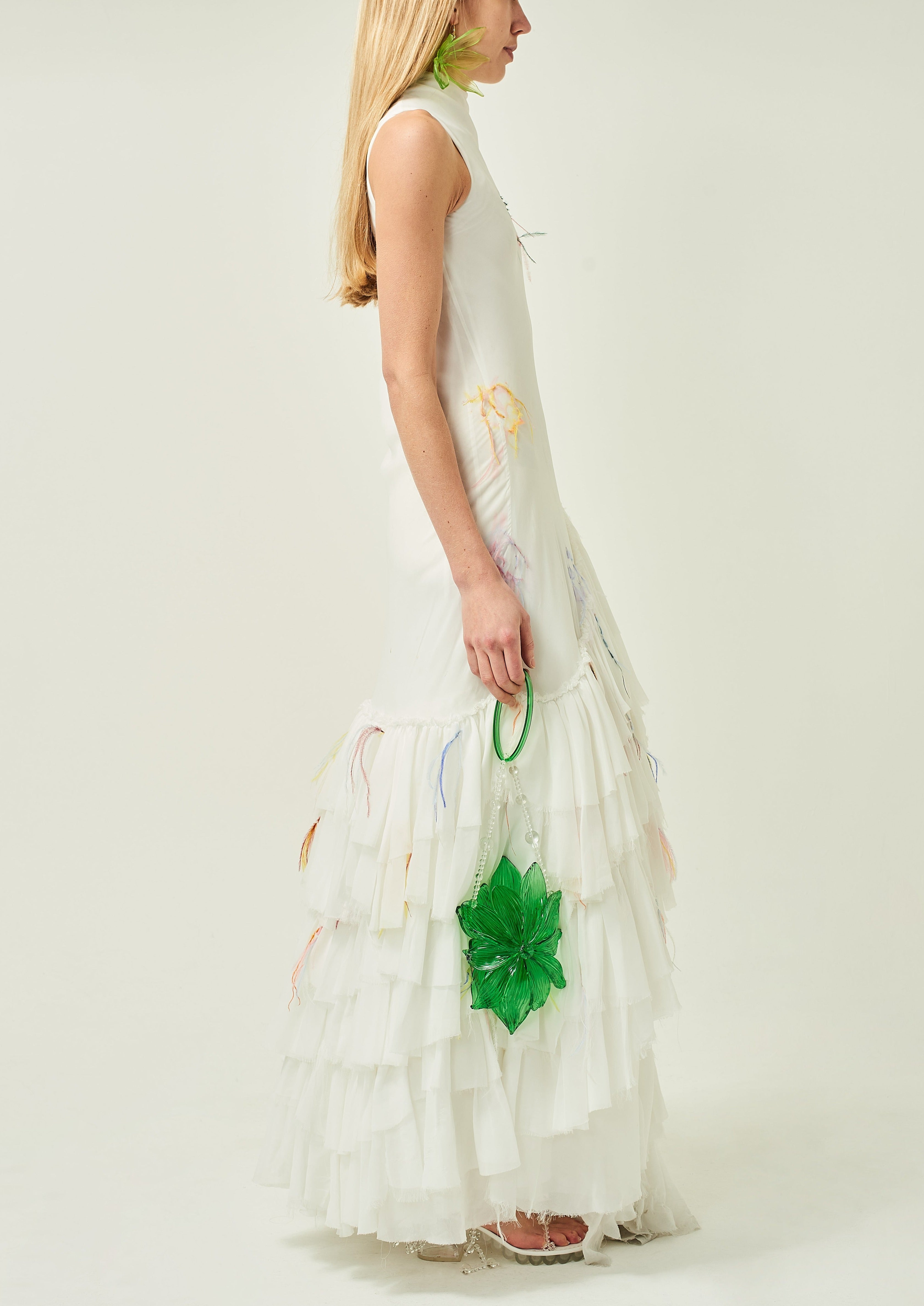 WOMEN LONG MAXI WHITE SLEEVELESS HIGHNECK CHIFFON FRILL DRESS