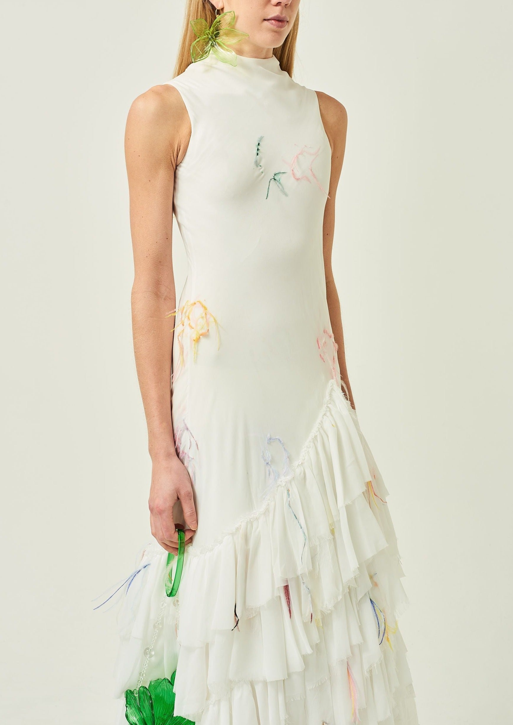 WOMEN LONG MAXI WHITE SLEEVELESS HIGHNECK CHIFFON FRILL DRESS