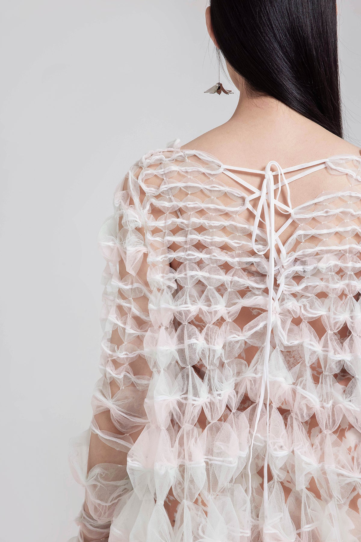 WOMEN GIRL WHITE TRANSPARENT SHORT LONG SLEEVE AIR RIBBON DRESS