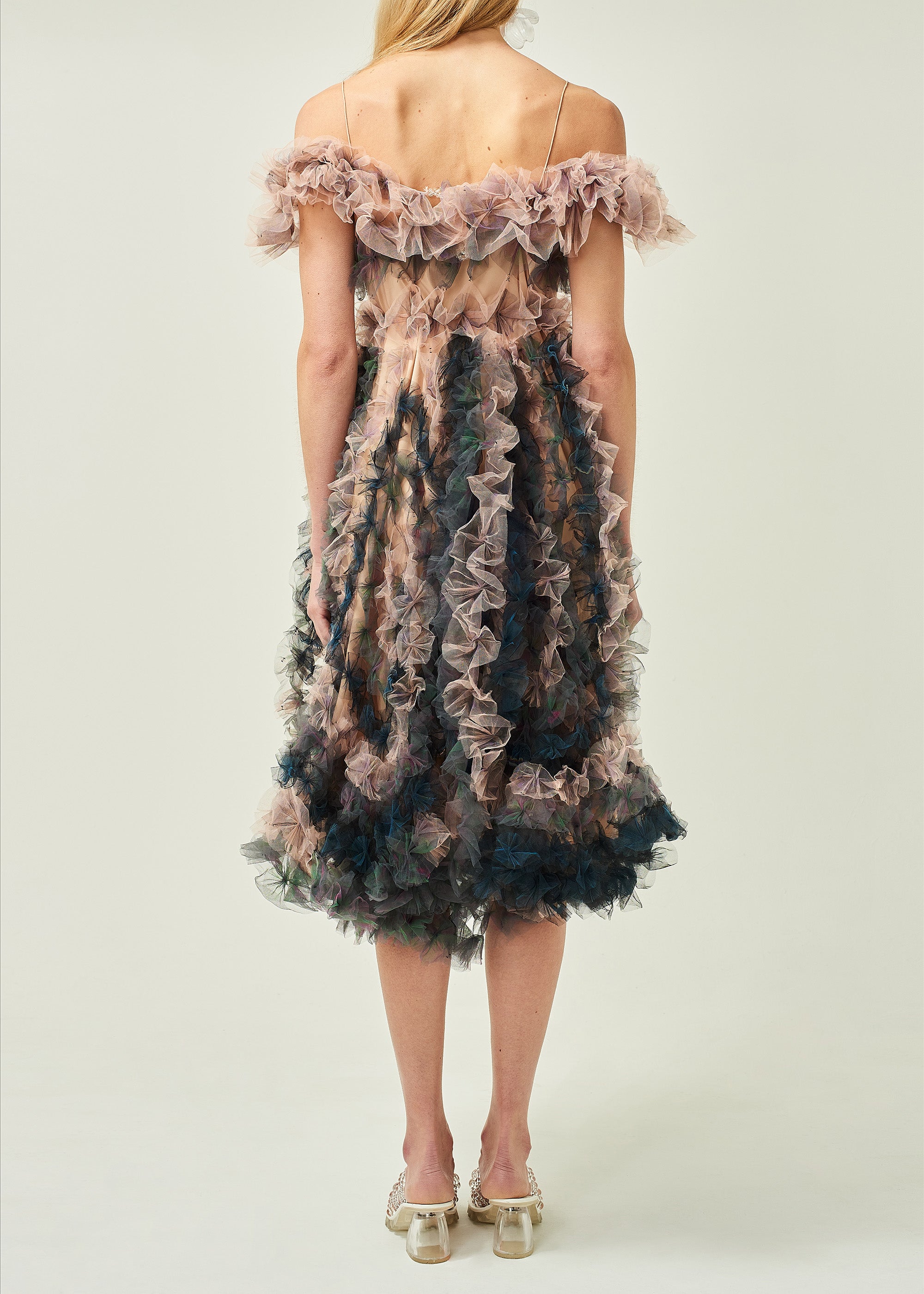 WOMEN STYLE PINK LONG MIDI OFF SHOULDER MIDI TULLE DRESS