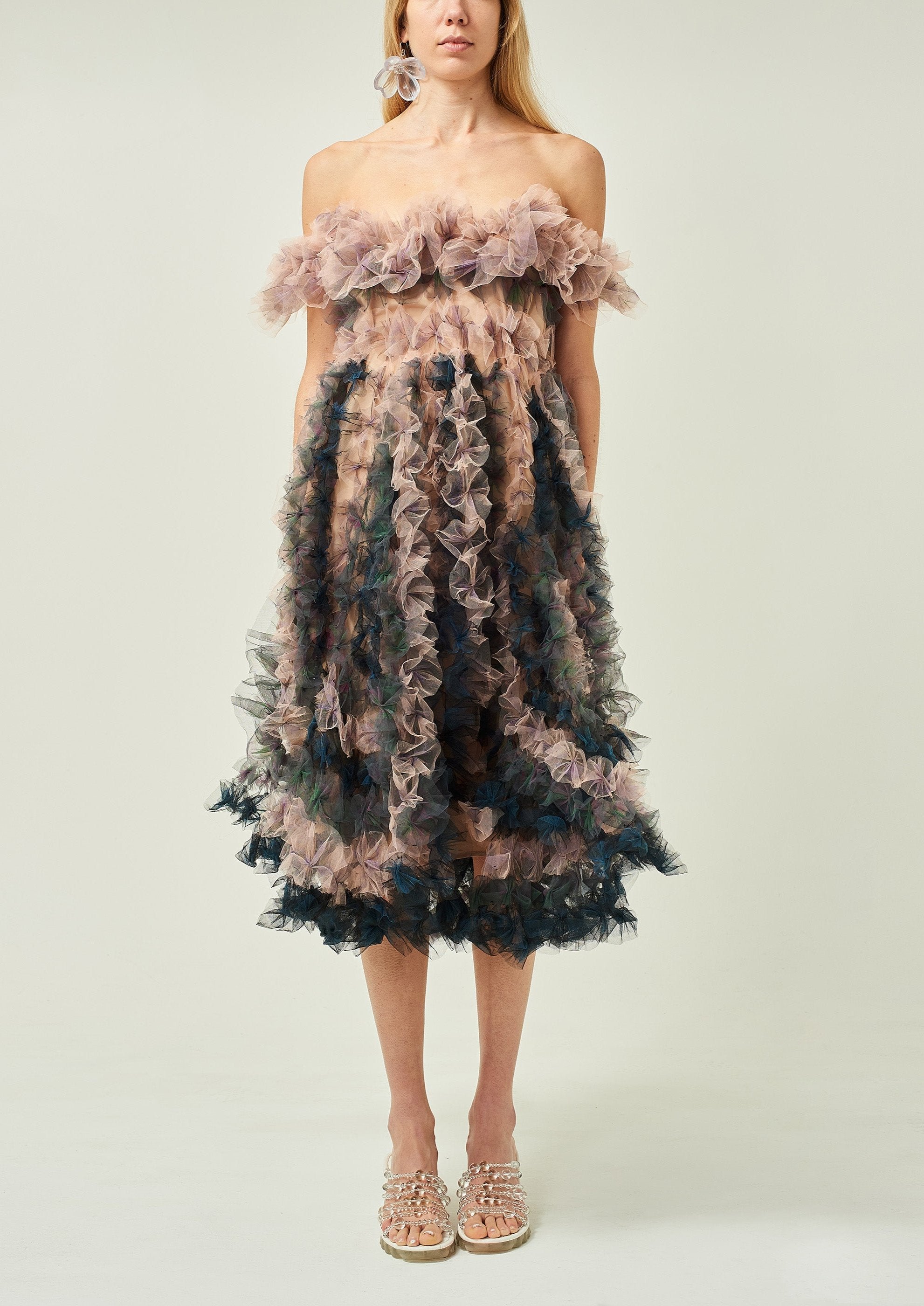 WOMEN STYLE PINK LONG MIDI OFF SHOULDER MIDI TULLE DRESS