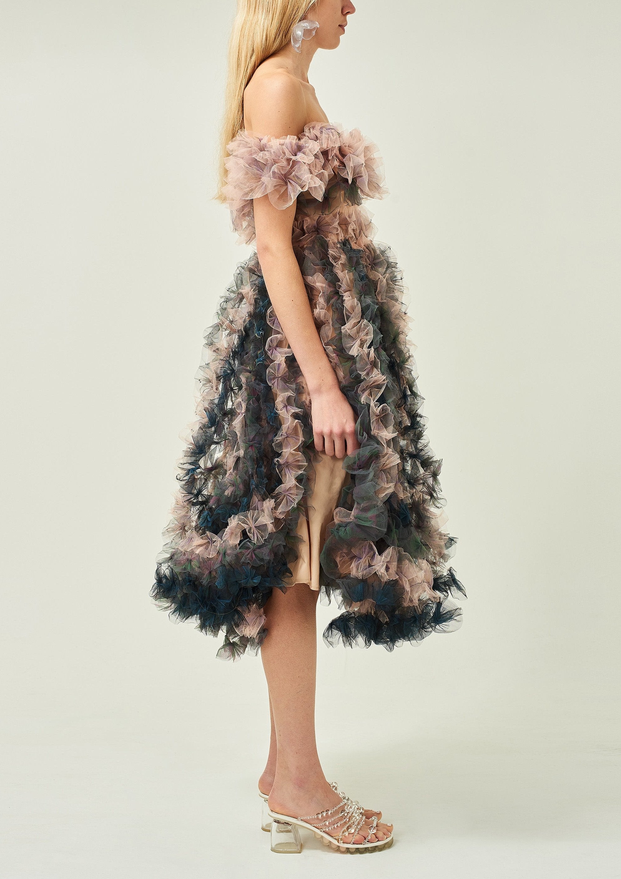 WOMEN STYLE PINK LONG MIDI OFF SHOULDER MIDI TULLE DRESS