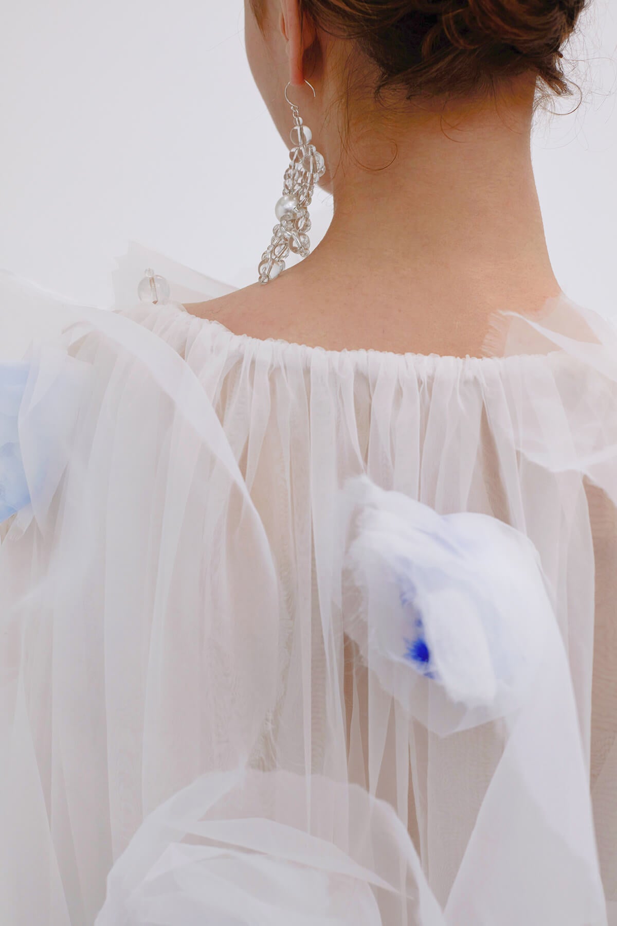 WOMEN GIRL WHITE BLUE FLUFF TEXTURE MAXI ORGANZA ABSTRACT FRILL DRESS