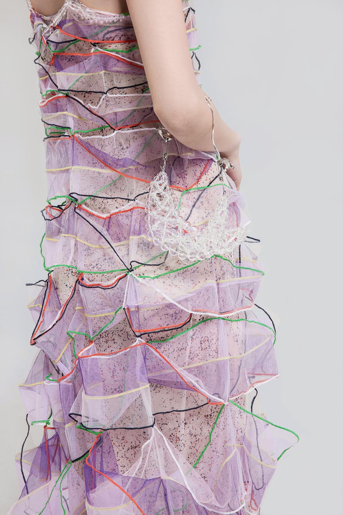 WOMEN GIRL PURPLE RUFFLE SLEEVELESS STRAP PRINTED AIR RIBBON TULLE DRESS