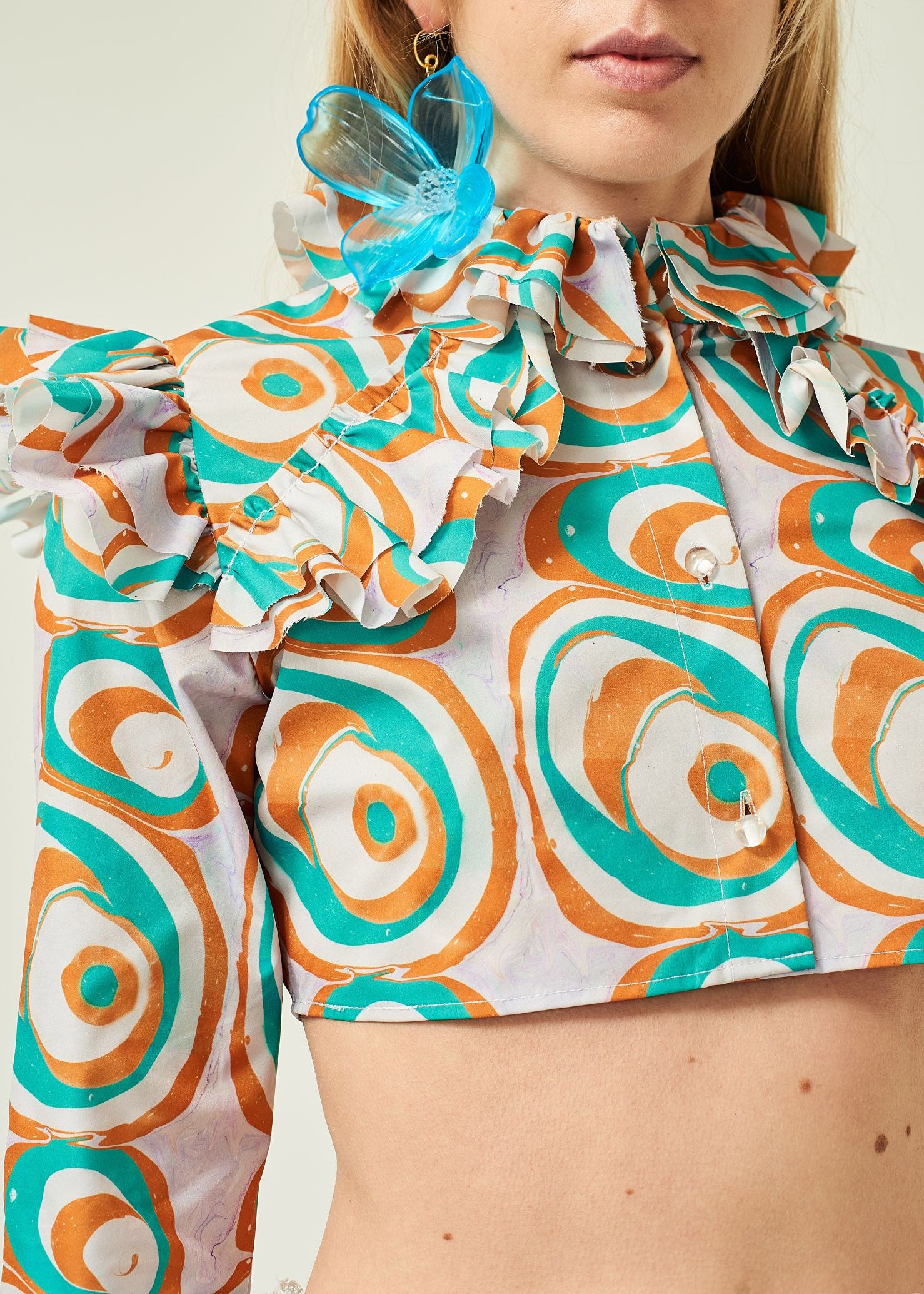 WOMEN GREEN STYLE RUFFLE LONG SLEEVE PRINTED CROPPED POPLIN BLOUSE