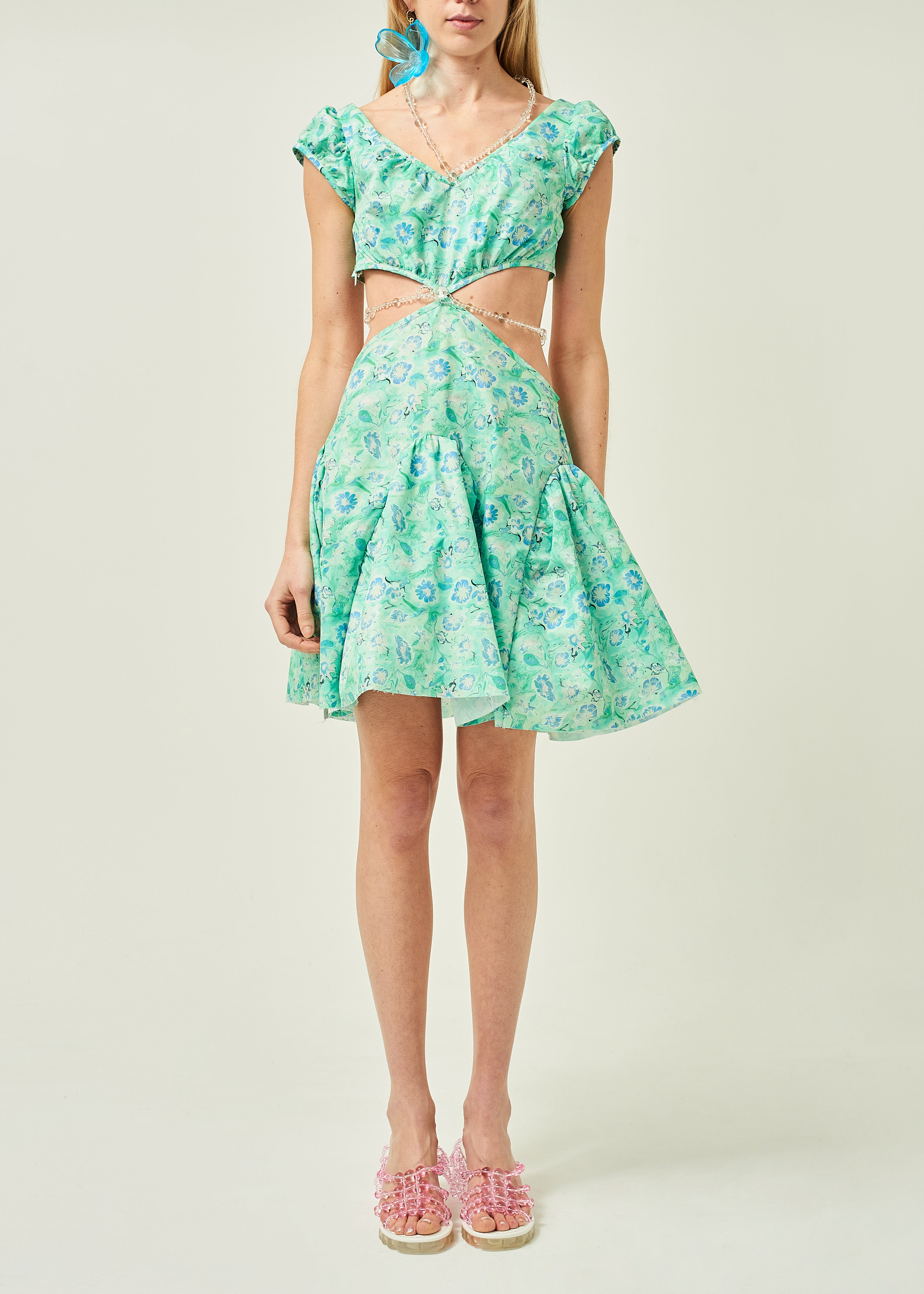 WOMEN MINI SHORT STYLE PRINTED FLORAL CUT OUT DRESS GREEN