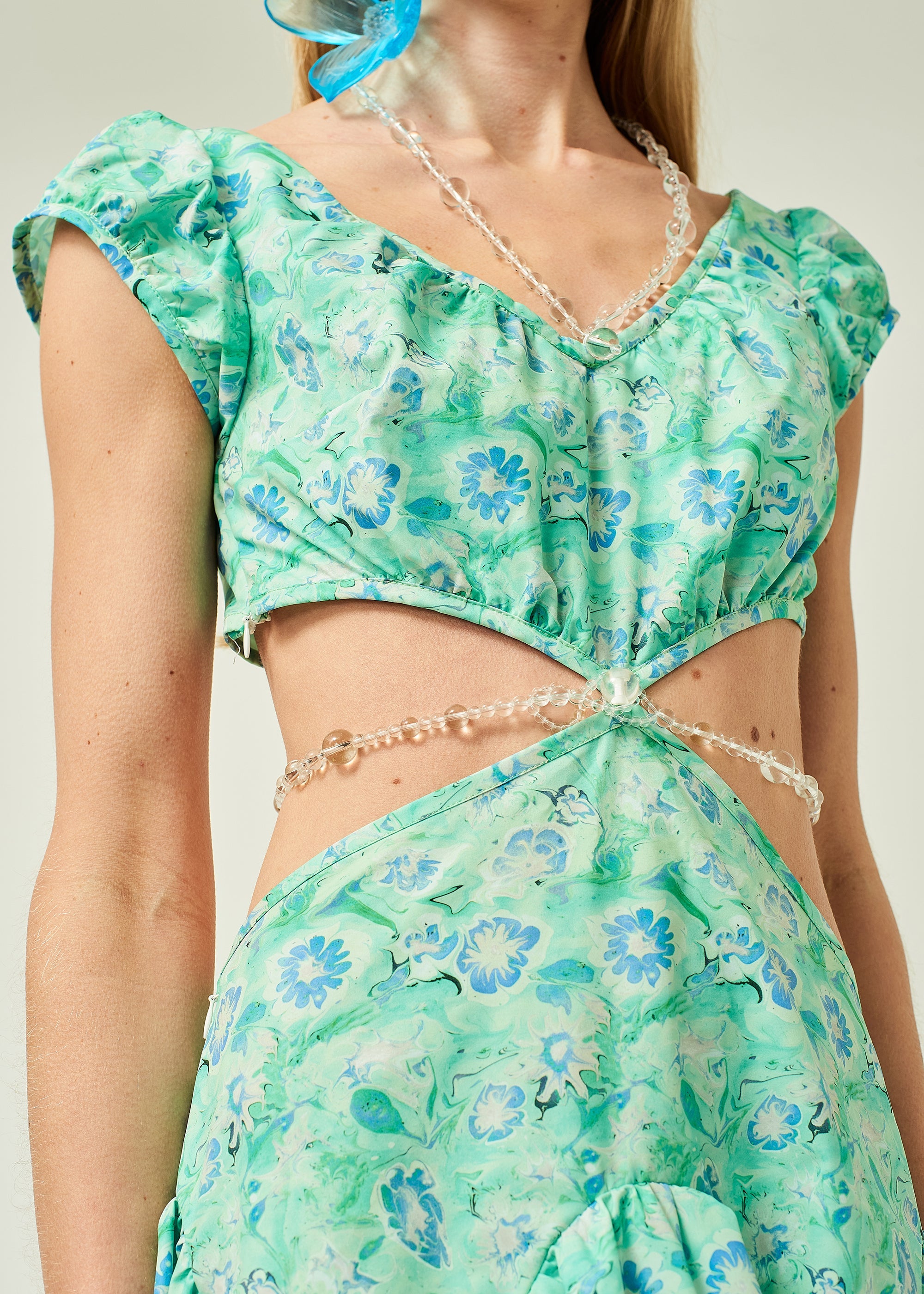 WOMEN MINI SHORT STYLE PRINTED FLORAL CUT OUT DRESS GREEN