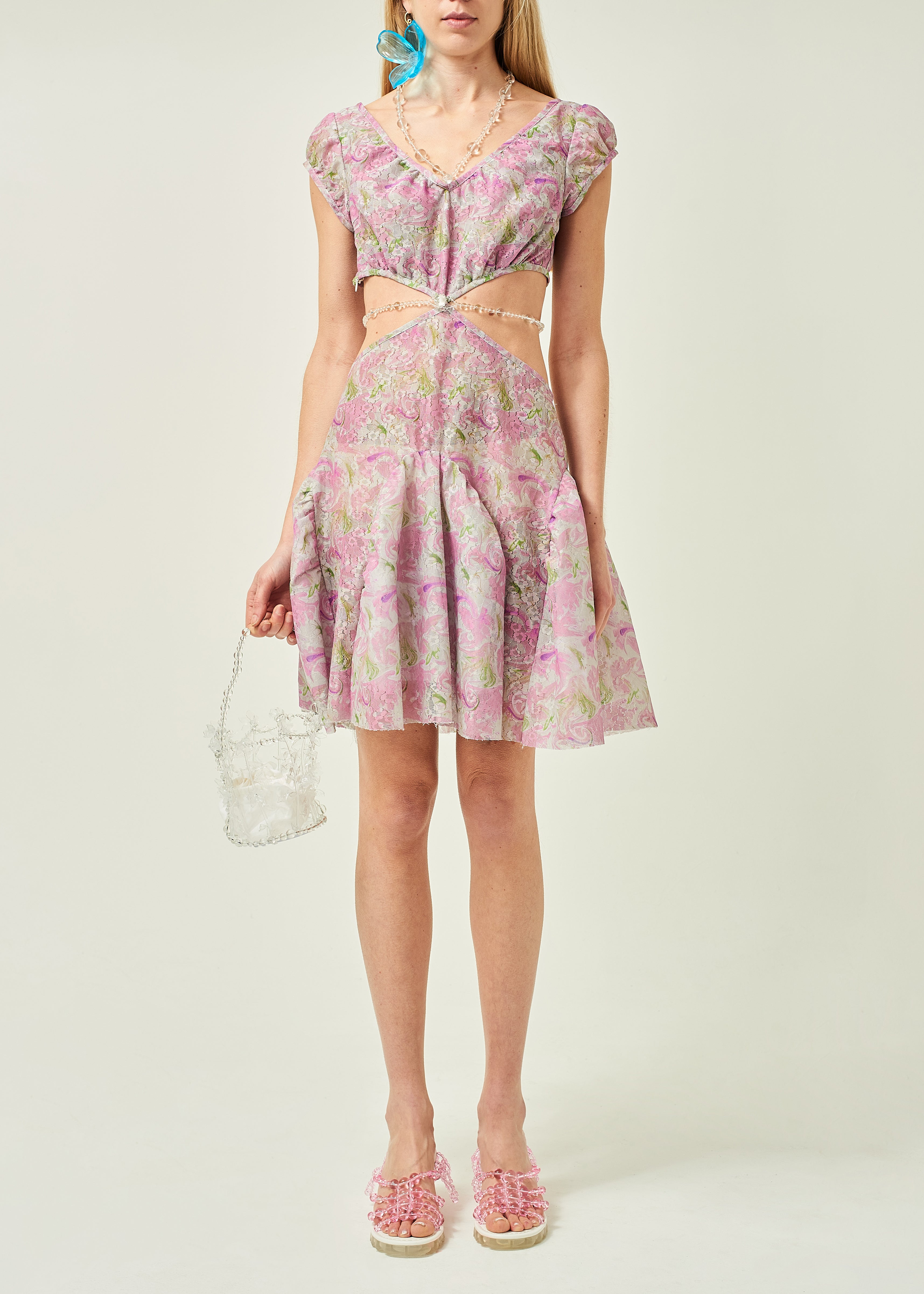 WOMEN MINI SHORT STYLE PRINTED FLORAL CUT OUT DRESS PINK