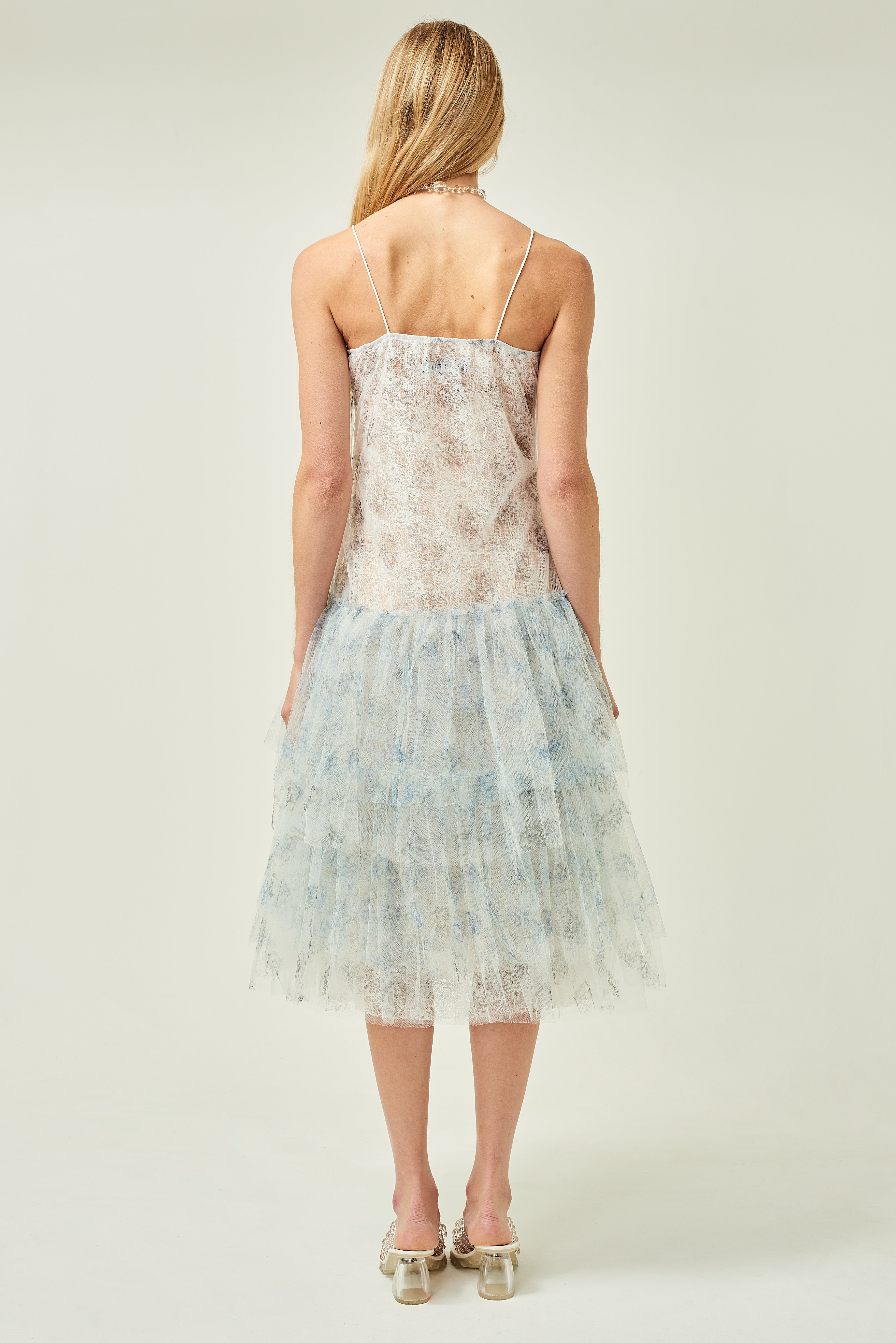 WOMEN SLEEVELESS MIDI WHITE PASTEL PRINTED FRILL DRESS