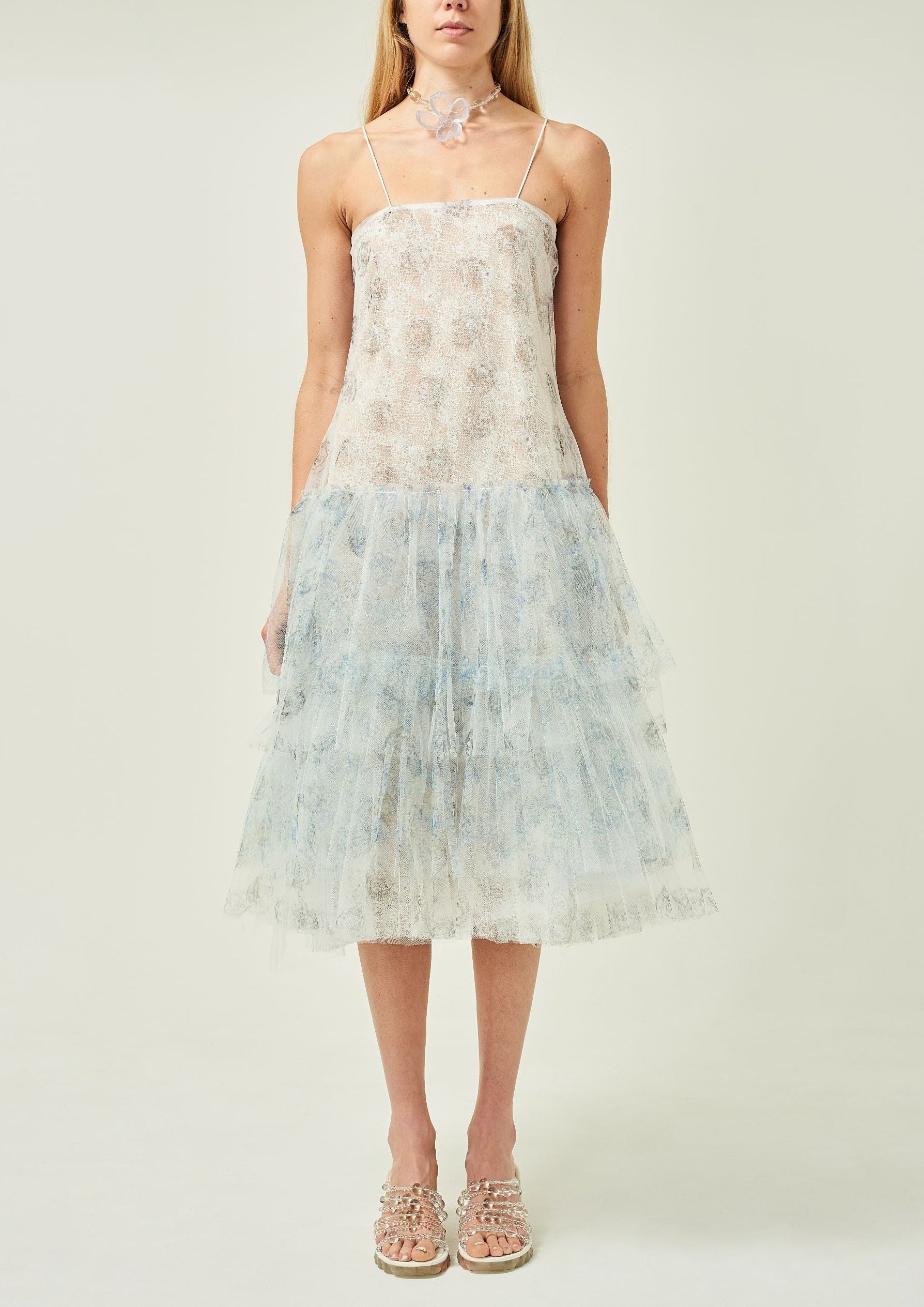 WOMEN SLEEVELESS MIDI WHITE PASTEL PRINTED FRILL DRESS