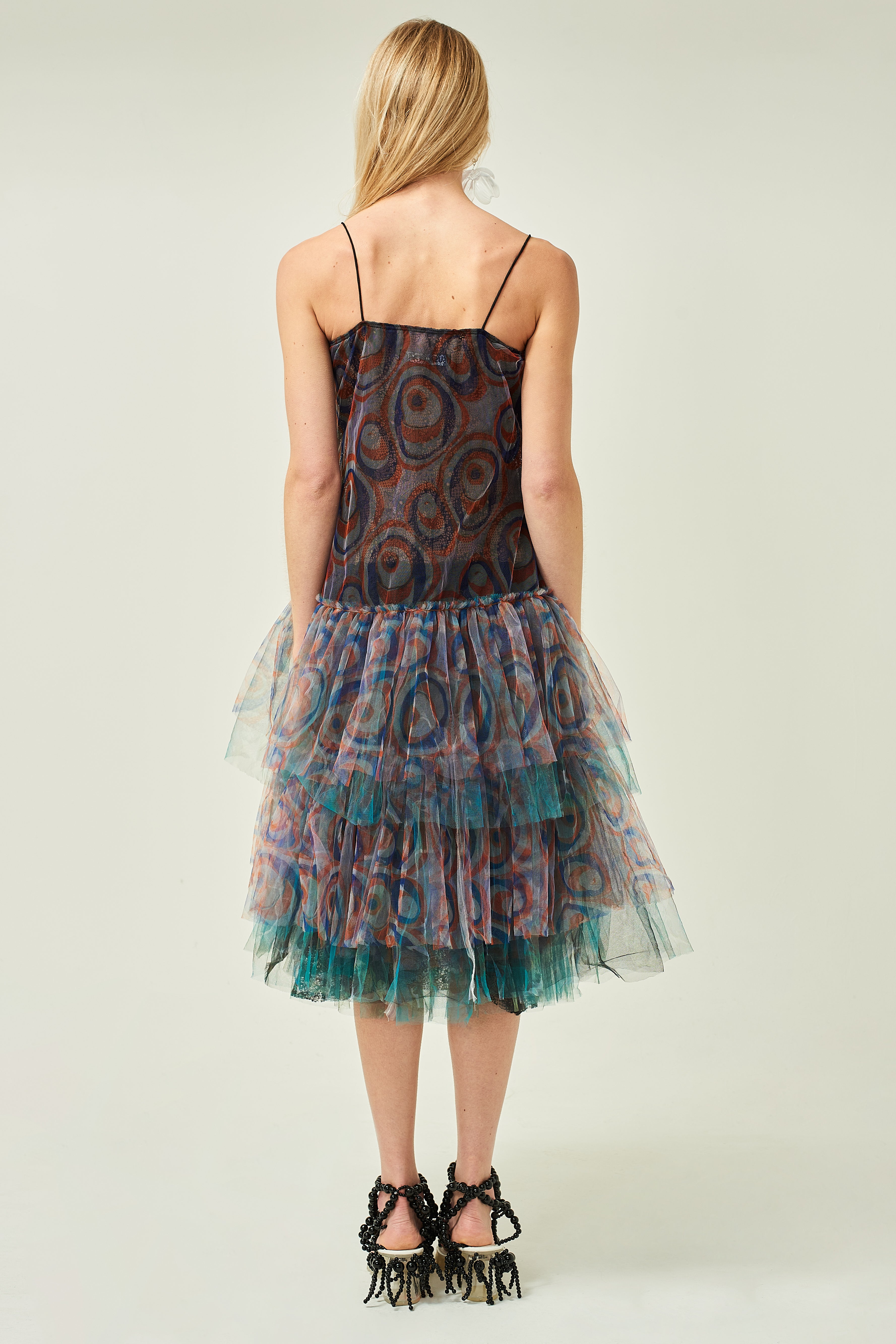 WOMEN SLEEVELESS MIDI NAVY PASTEL PRINTED FRILL DRESS