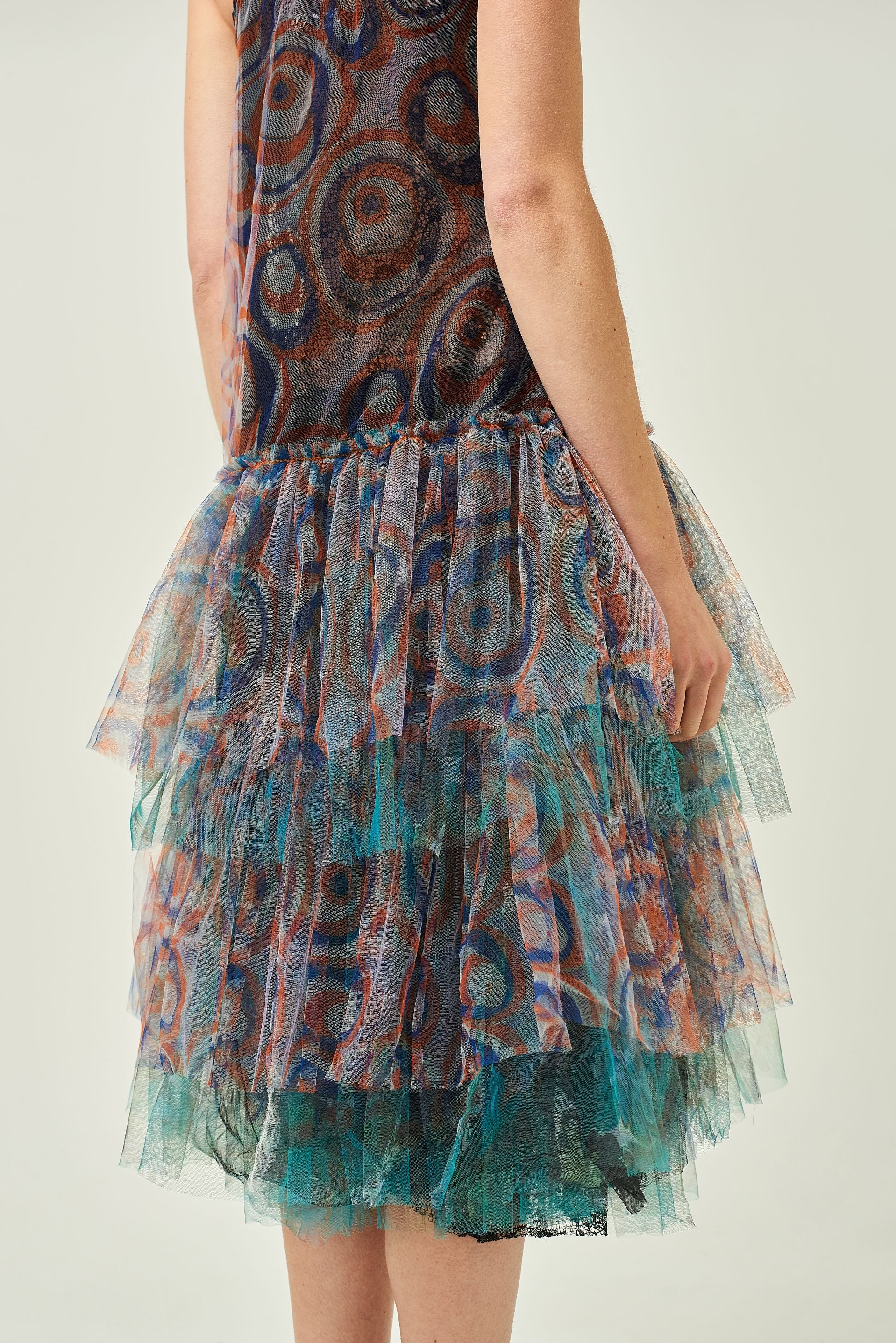 WOMEN SLEEVELESS MIDI NAVY PASTEL PRINTED FRILL DRESS